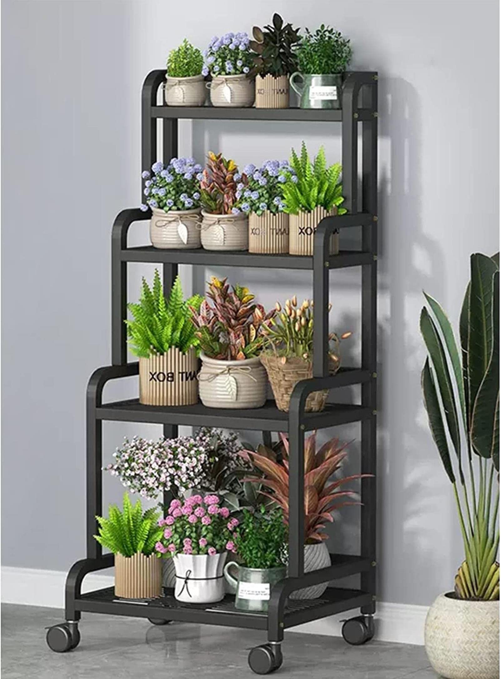 Supporto per Piante da Esterno, scaffale a Scala in Metallo a 4 Livelli, espositore per Fiori, Supporto per Piante in Ferro battuto, Ripiani angolari per Interni, per Giardino, Balcone, BIA