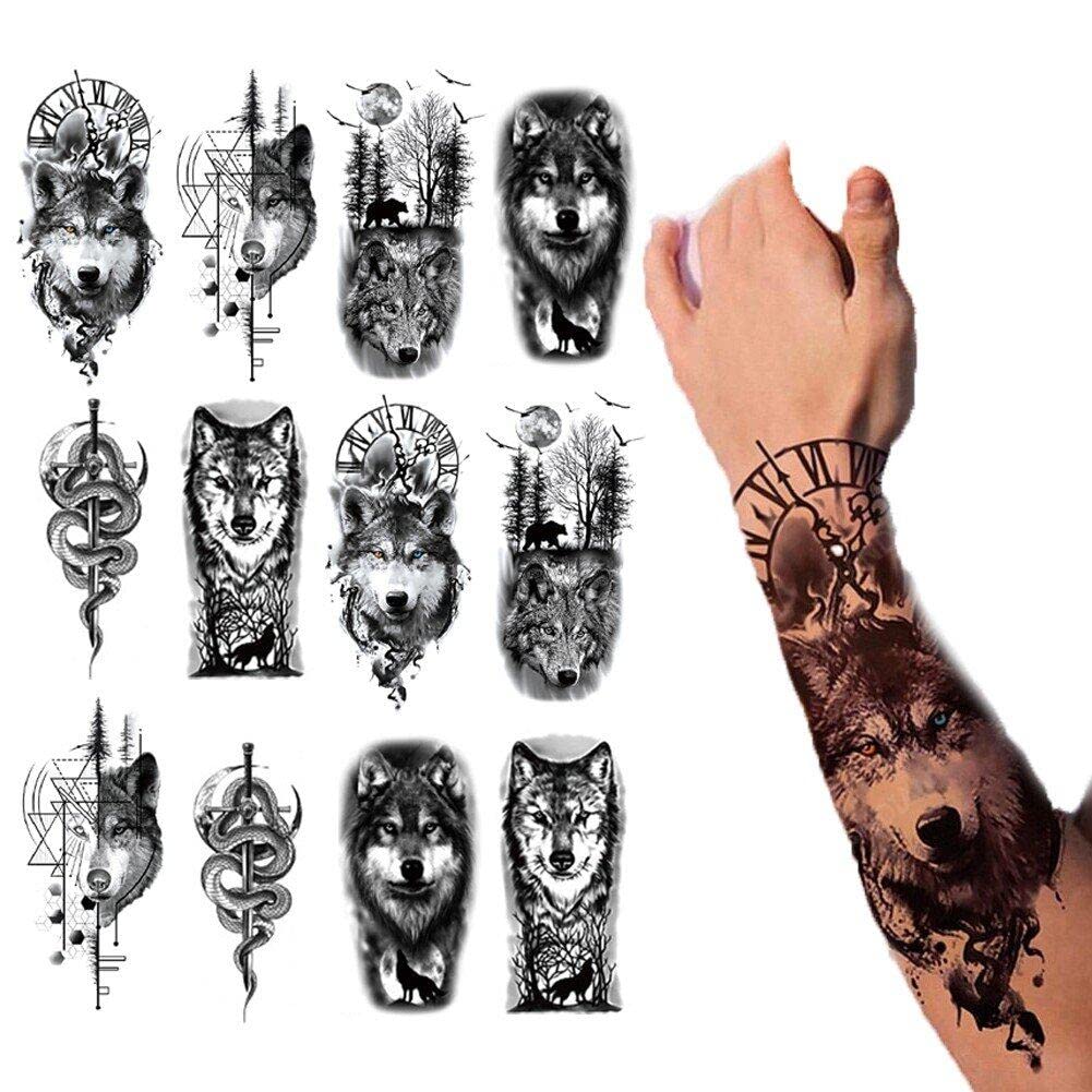 Pack of 12 Animals Black Temporary Tattoos Men Waterproof Fake