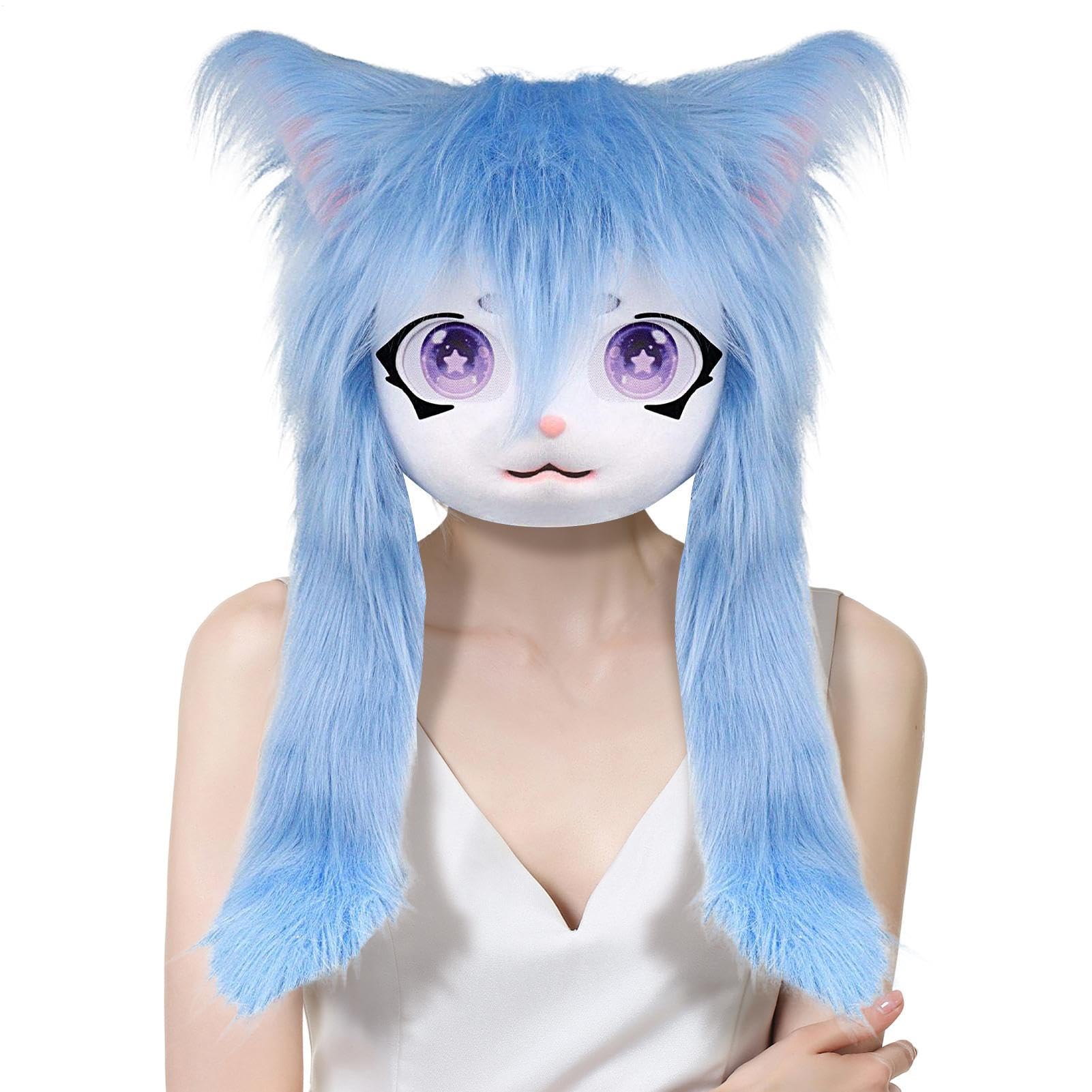 Tête à fourrure - Masque d'animal - Masque de chat en peluche - Cheveux longs - Costume de dessin animé - Couvre-chef - Grands yeux avec accessoire de costume - Accessoire de cosplay doux et moelleux