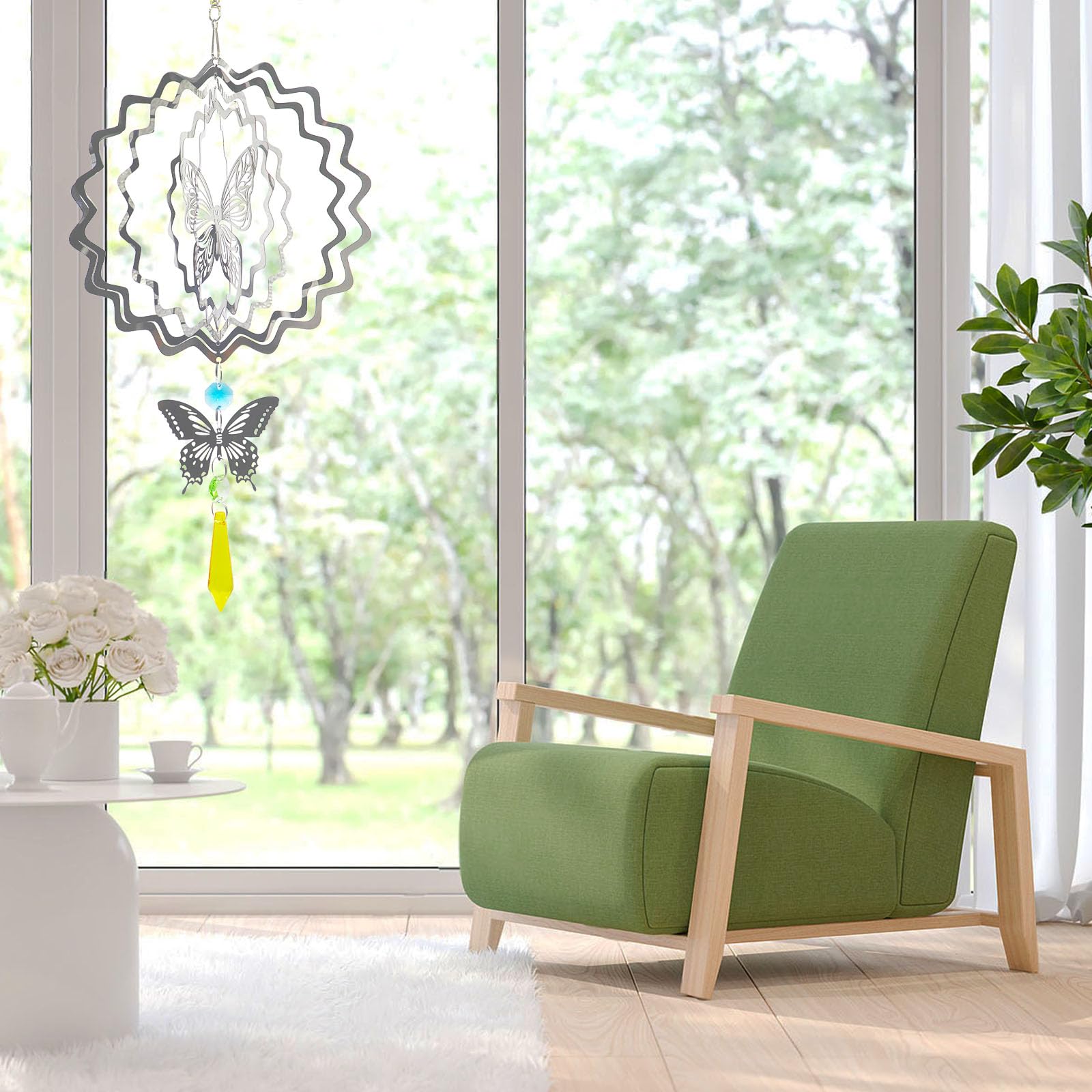 Girandola A Vento Decorativa Per Esterni A Forma Di Farfalla 3D, Con Coda A Spirale E Palla Di Vetro, Colori Sfumati, Altezza 53,3 Cm