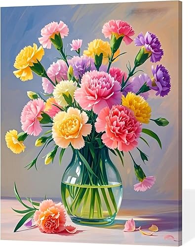 ACANDYL Kit de pintura de flores por números para adultos principiantes pintura por números para adultos, lienzo de clavel, pintura por números,
