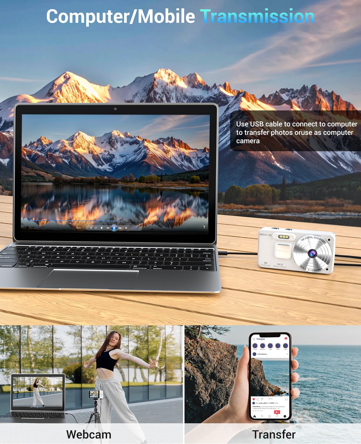 Macchina Fotografica Digitale 4K 64MP, Wevoor 32GB Fotocamera Digitale | Fotocamera Compatta, 2,8” Schermo, Zoom Digitale 18x, Batteria da 2000mAh per Principianti Bambini Adolescenti - Bianco