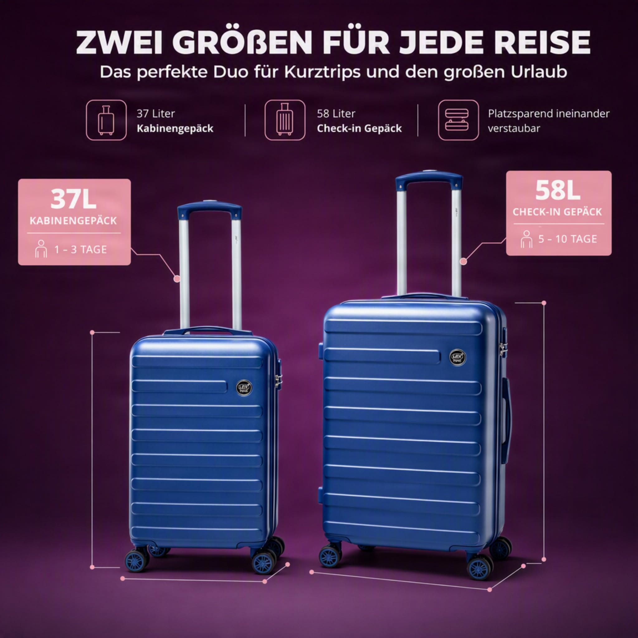 Set di 2 valigie rigide in ABS, 37 l e 58 l, con 4 ruote doppie, manico telescopico e serratura a combinazione, bagaglio a mano leggero per le vacanze, Blu mare, 20 pollici (37 l) e 24