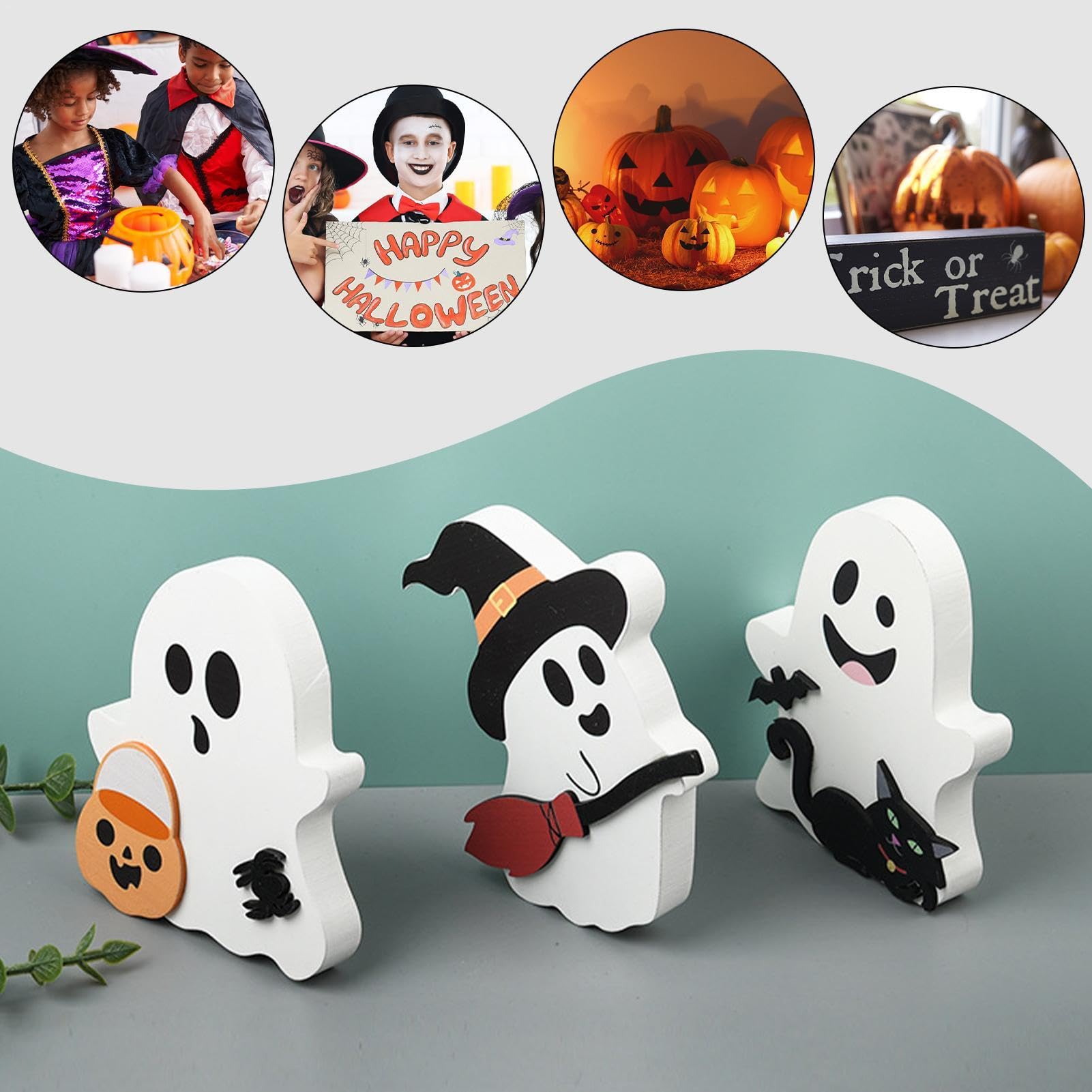 Halloween Geister Tischdekoration – 3-teiliges Set Aus Holz (15 Cm, 13 Cm, 10 Cm) Mit Schleife, Vintage Look Für Party & Zuhause