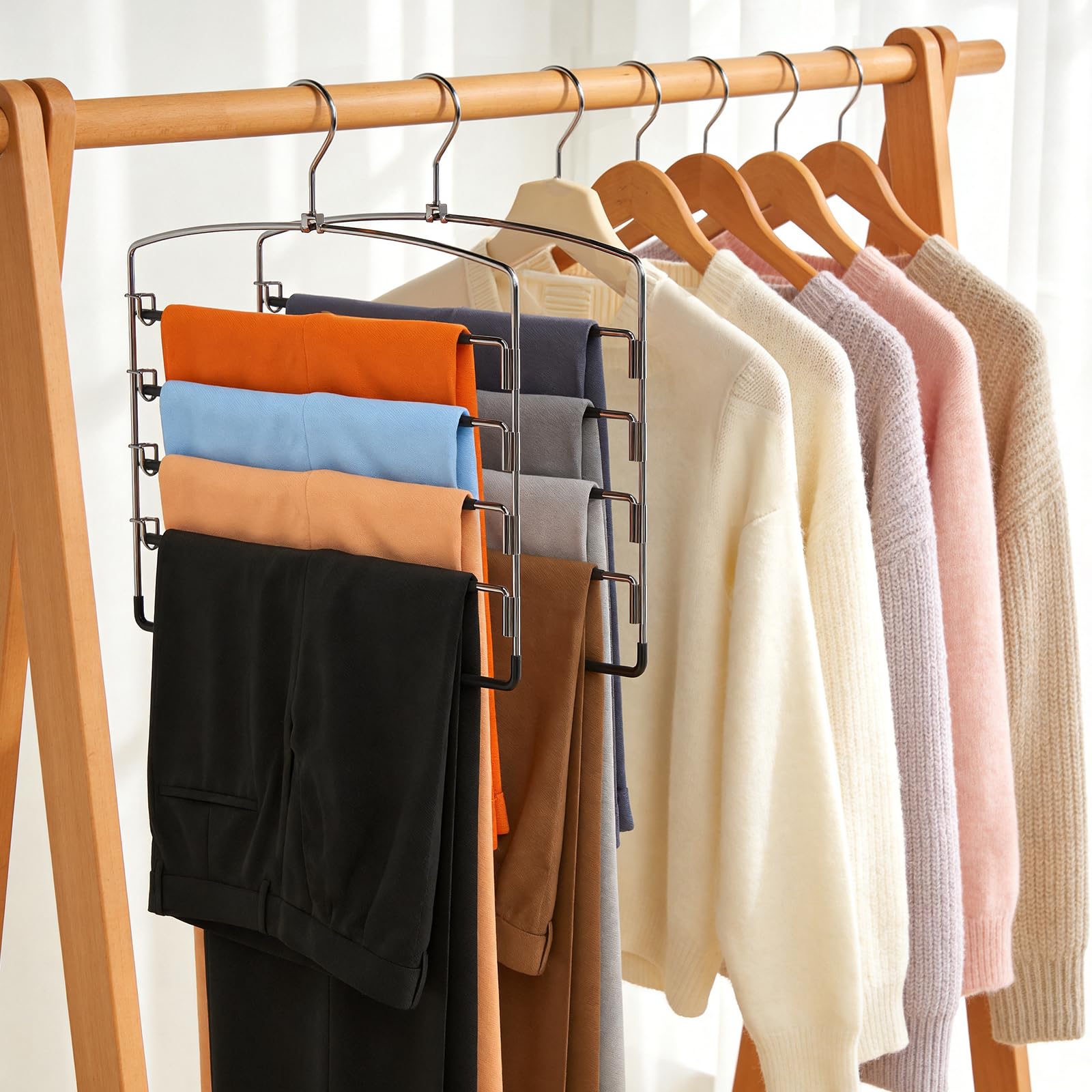 Korpai Hosenbügel, platzsparend, mehrlagig, 150° drehbar, Metall-Schwenkarm, rutschfeste Gummibeschichtung, Schrank-Organizer und Aufbewahrung, 360° drehbarer Haken für Jeans, Hosen, Hosen, Hosen