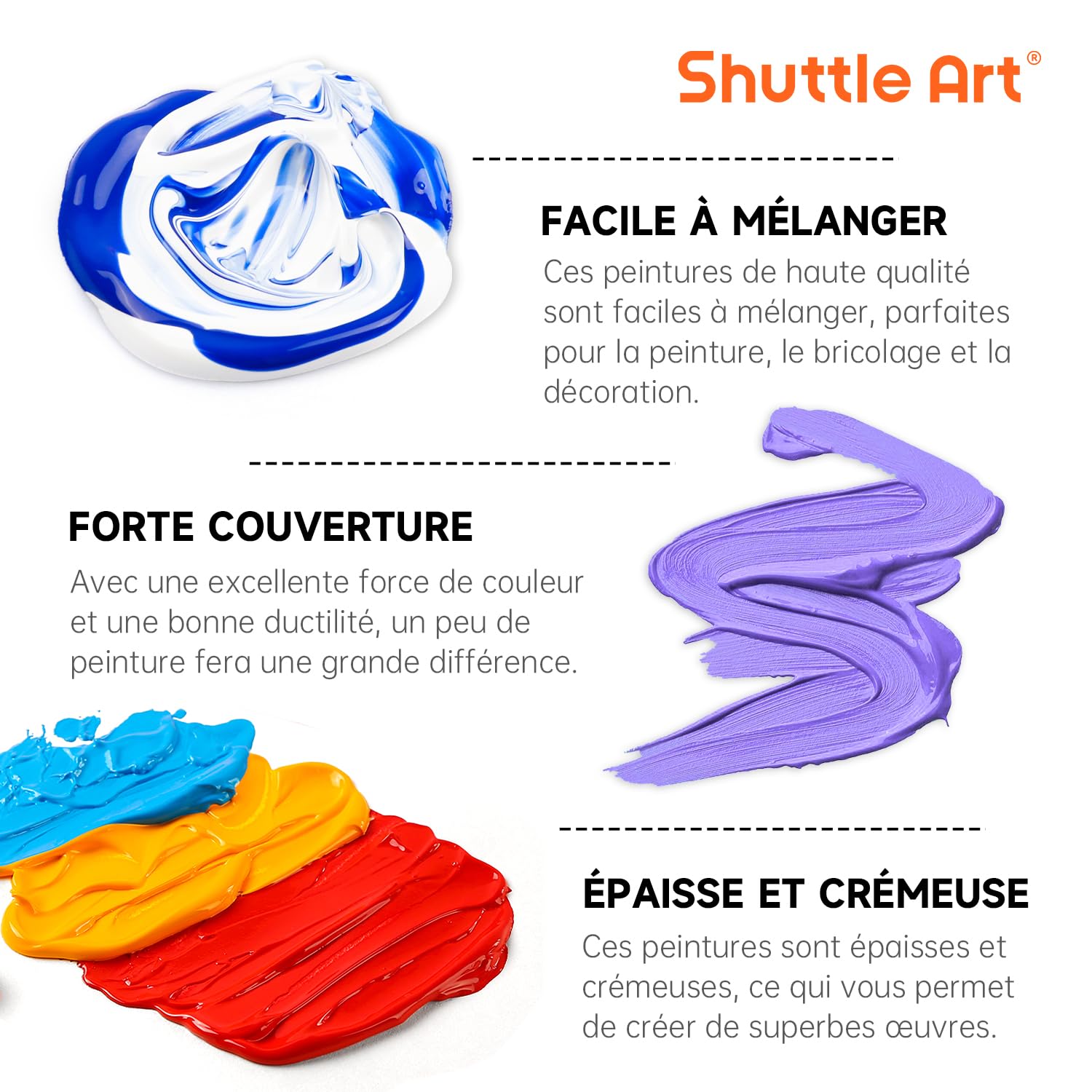 Shuttle Art Peinture Acrylique, 36 Couleurs (60ml) Kit Peinture Acrylique avec 12 Pinceaux 1 Palette, Riche Pigmentée, Non Toxique pour Artiste Débutant Adulte Enfant sur Toile Tissu