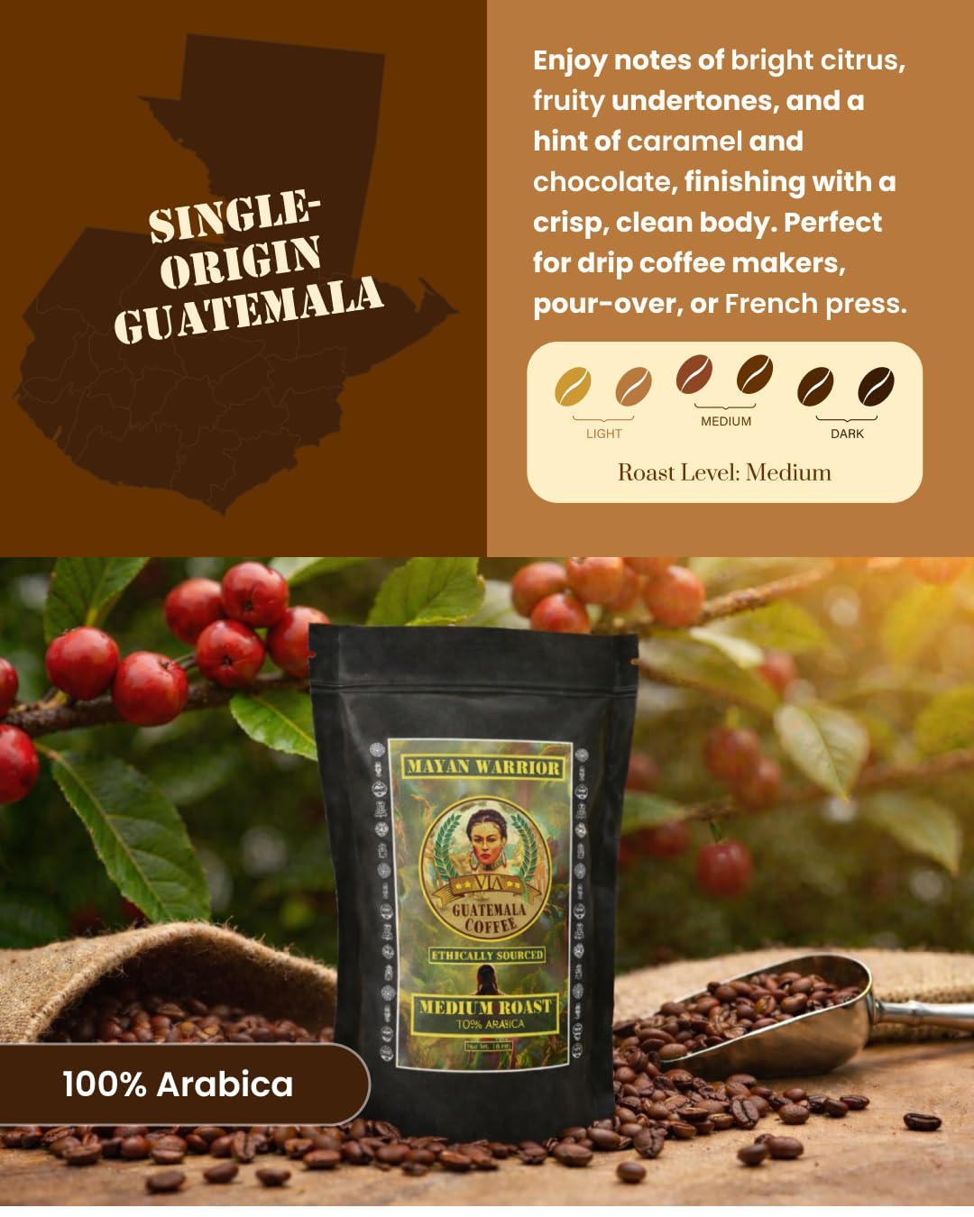 VIA Guatemala Coffee – Guatemala Medium Roast Ground Coffee, Single-Origin Arabica, Mayan Warrior, 16 oz,