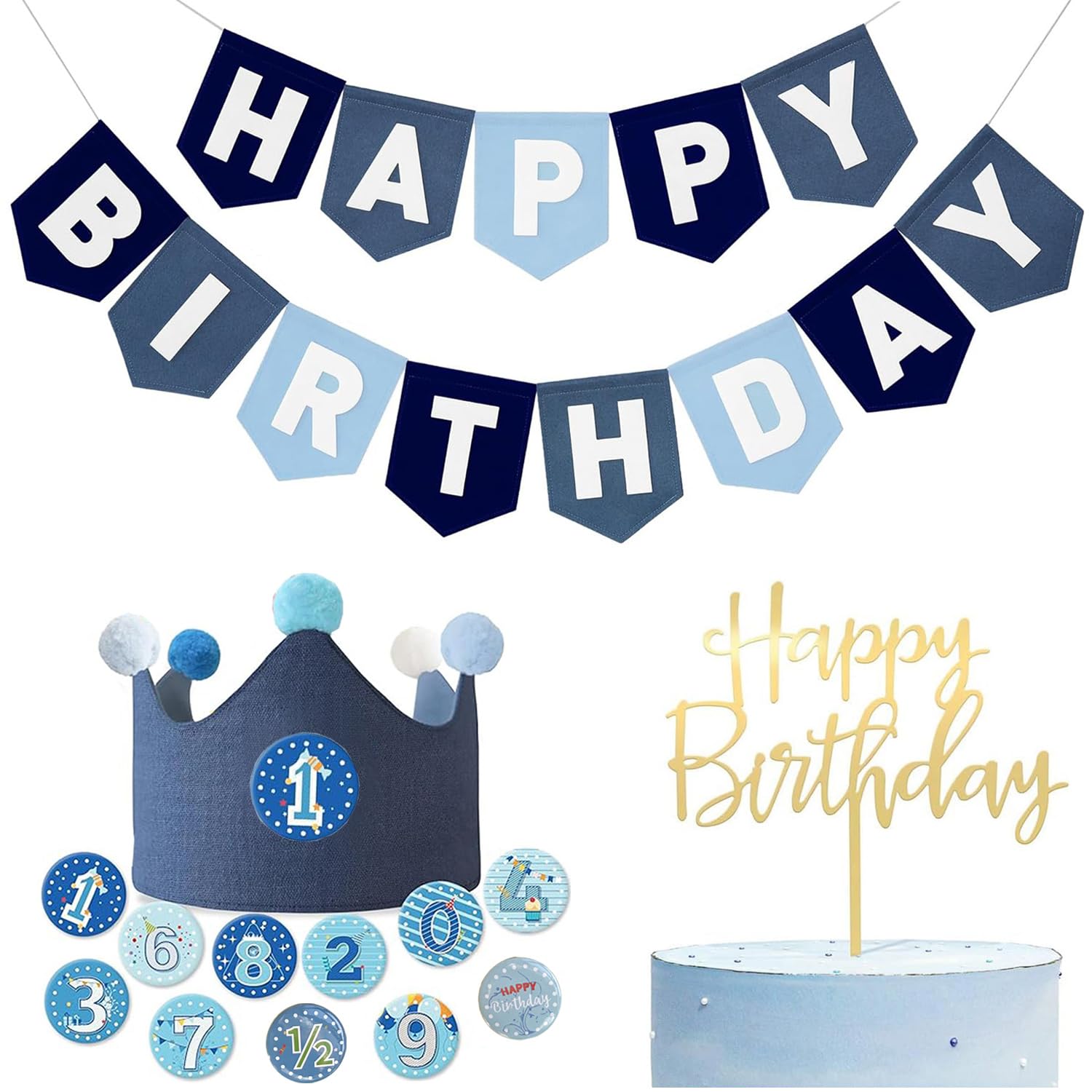 Blue Birthday Party Decorations Kit,Felt Happy Birthday Banner with Crown, 1/2-12 Month Milestone Badges & Gold Cake Topper, Perfect for 1st Birthday, Half Birthday, Toddler Photo Booth Props (Blue)