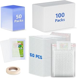 DEDC 200 Packs Trading Card Shipping Protectors 100 Packs Card Protector Shipping 50 Pcs Top Loaders 50 Pcs Black Bubble Mailers 5X 6 for Trading Card and a Tape Card Shipping Bundle(White)