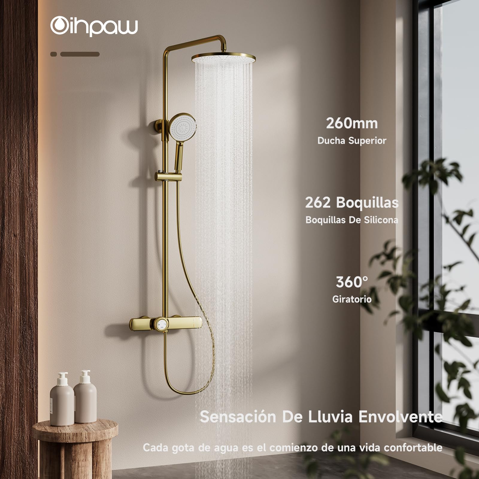 Columna ducha,Oro cepillado Columna de ducha termostática,Conjunto de columna de ducha 3 en 1 con cabezal de ducha de lluvia Grande de 260x260mm,Juego de ducha con cabezal de ducha de lluvia