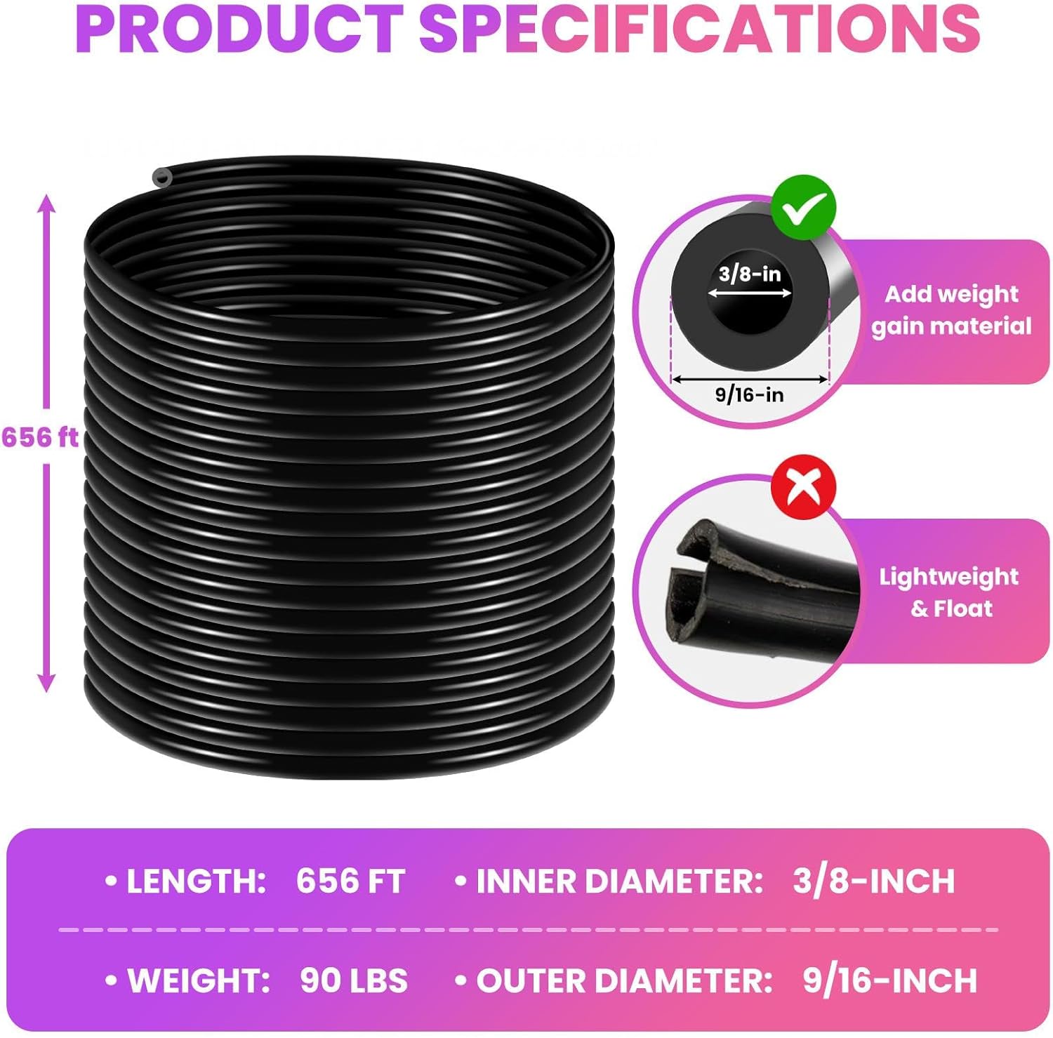 656FT Pond Hose, 3/8” Inner Diameter Heavy Duty Black Tubing, 90Lbs Weighted & Self-Sinking Hose for Large Pond Aeration, Lake, Aquaculture and Water Transfer
