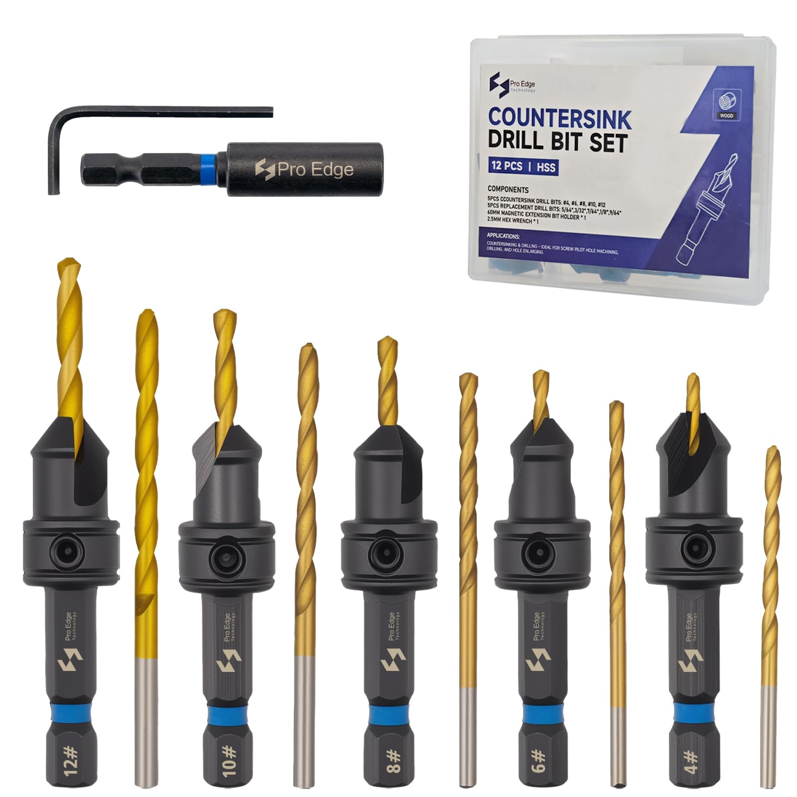 Pro Edge - Juego de 12 brocas avellanadas #4, #6, #8, #10, #12 con 5 brocas de madera HSS para reemplazo y soporte magnético de brocas de extensión y llave hexagonal, profundidad ajustable, agujero