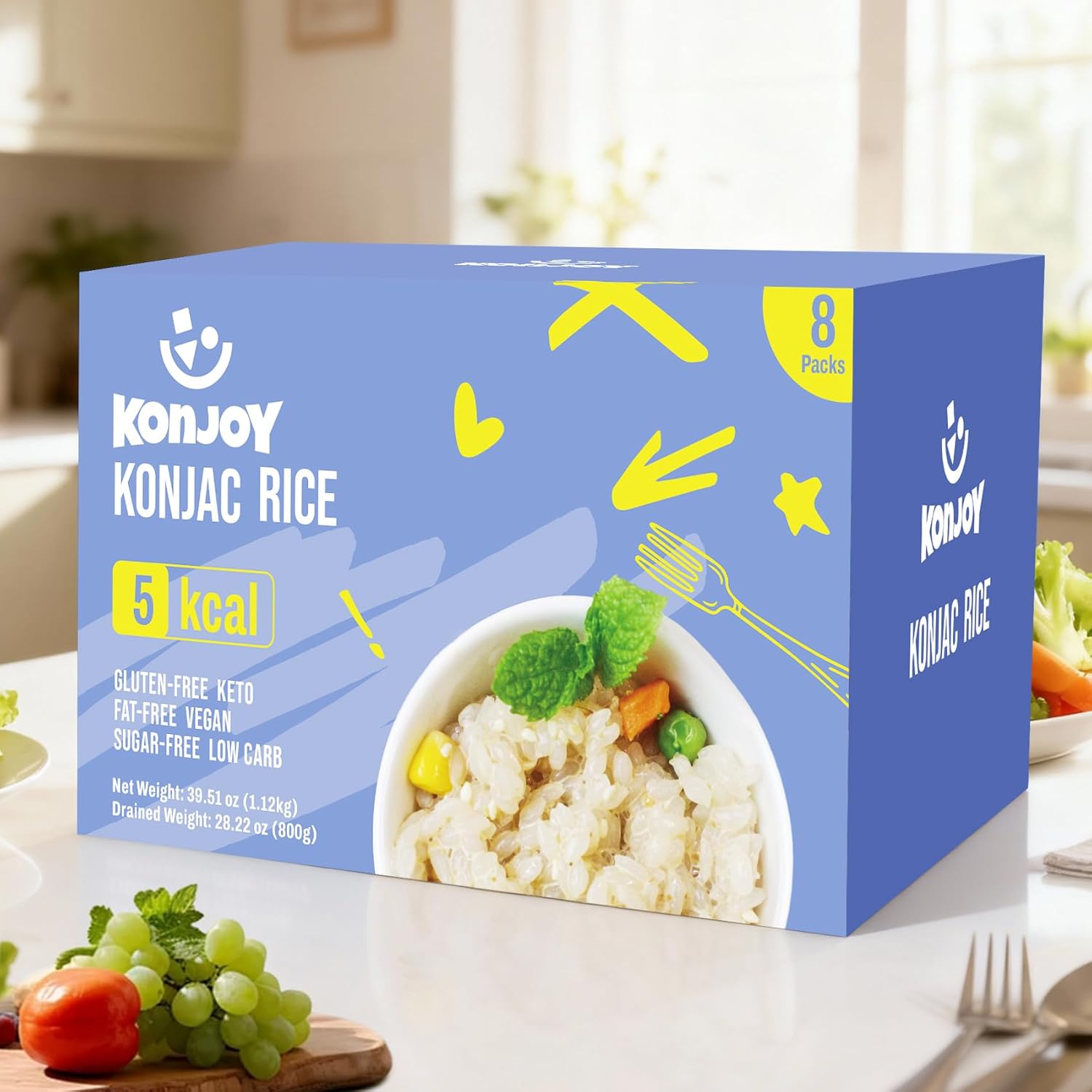 KONJOY Konjac Rice, 8 Pack Shirataki Rice, Low Carb, Low Calorie (5Kcal), Vegan, Gluten-Free, Sugar-Free, Keto, Ready-to-Eat Plant-Based Meal, Pre-Cooked Healthy Food and Holiday Gift