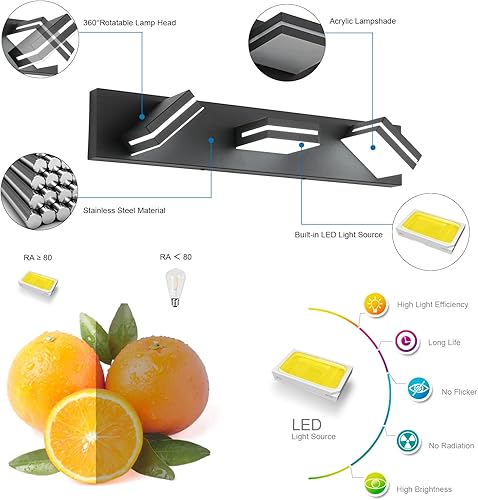 Miniatura 2 de SineRise - Lámpara LED para tocador de baño - Moderna lámpara regulable de acrílico con acabado negro mate para iluminación de pared sobre el espejo