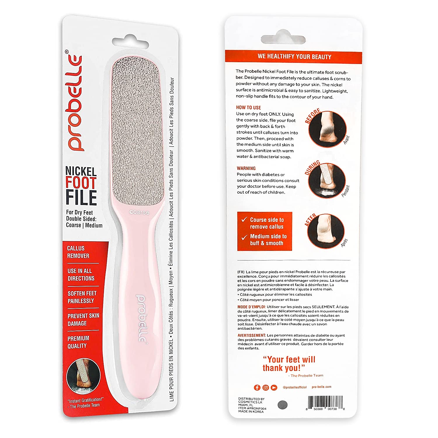 Probelle Double Sided Multidirectional Nickel Foot File Callus Remover - Immediately reduces calluses and corns to powder for instant results, safe tool (Pink) : Health & Household