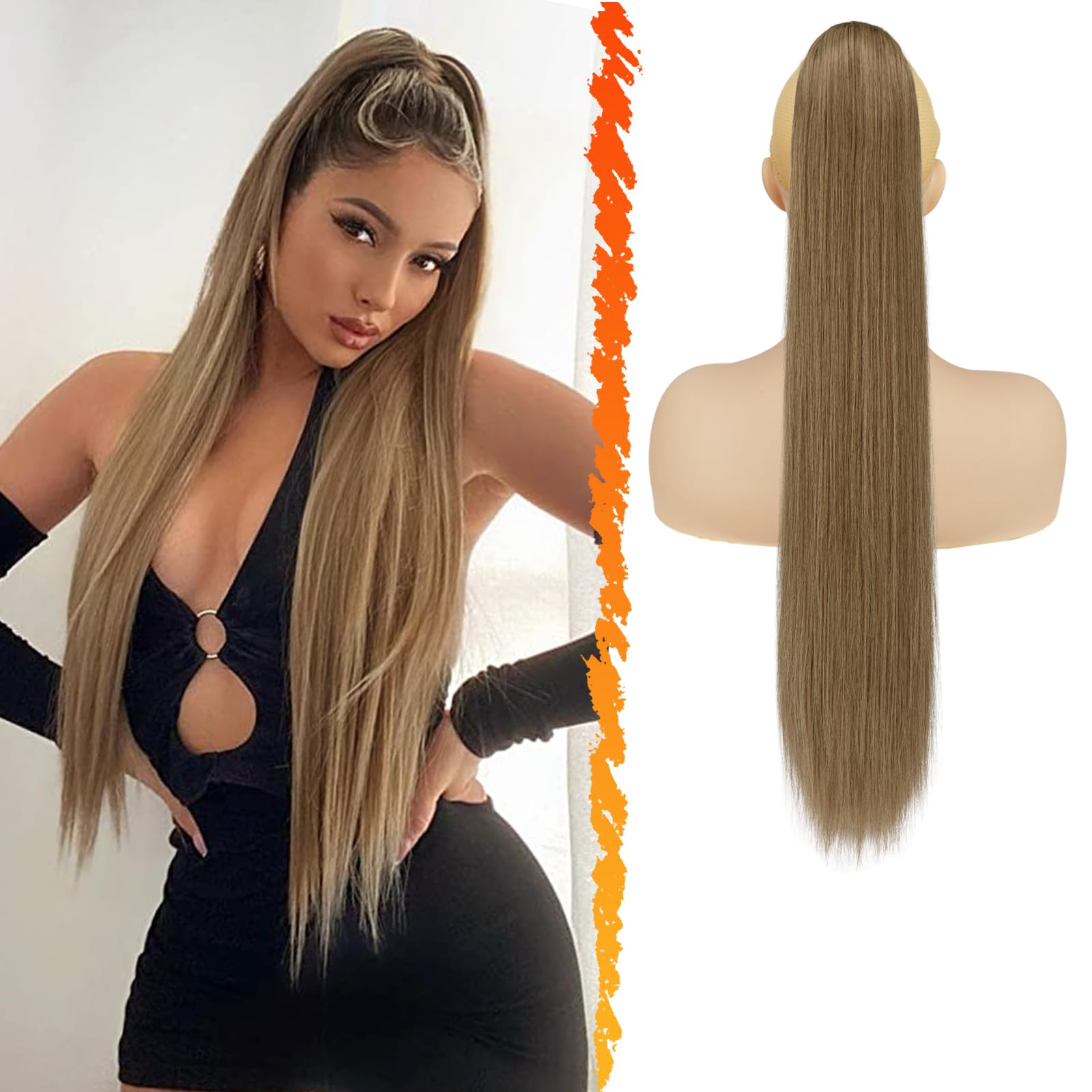 BARSDAR Long Straight Ponytail Extension - 26 Inch Drawstring Brown Ponytail Hair Extensions Synthetic Clip in Pony Tails Hairpieces Fake Straight Ponytail for Women Girls Daily- Light Brown Mixed