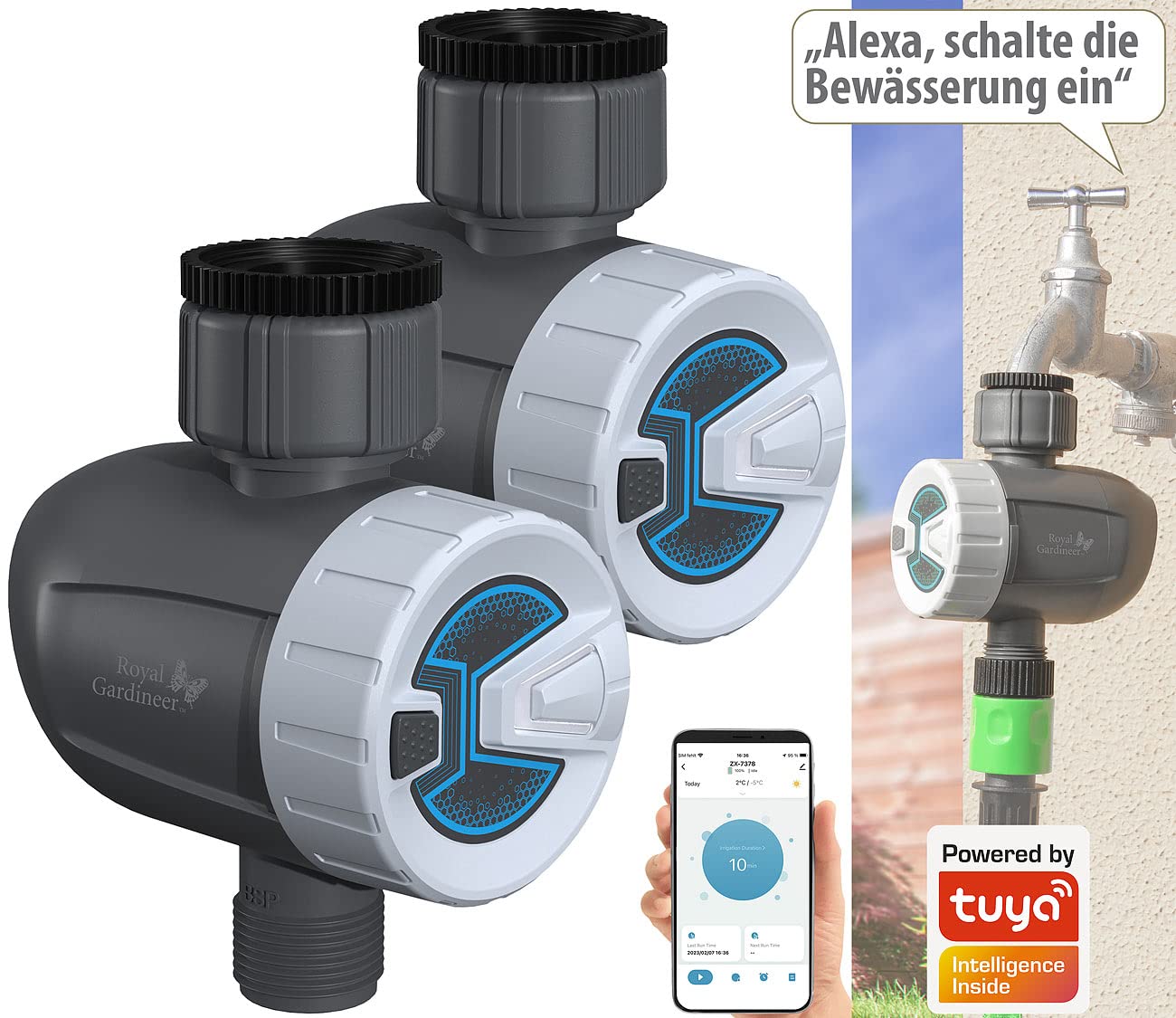 Royal Gardineer irrigatore Automatico: Set di 2 programmabili Intelligenti Computer per l'irrigazione, Bluetooth 5, App Gratuita ELESION (Computer di irrigazione Bluetooth, irrigazione da Giardino)