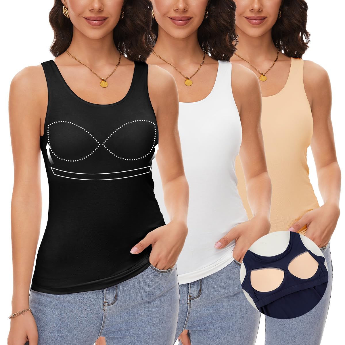 ANYFITTING Damen Unterhemd mit Integriertem BH Tank Top ärmellose Shirts Basic U-Ausschnitt Eingebauter BH Bügelloser Gepolstert Tank Tops Sommer Yoga S-3XL