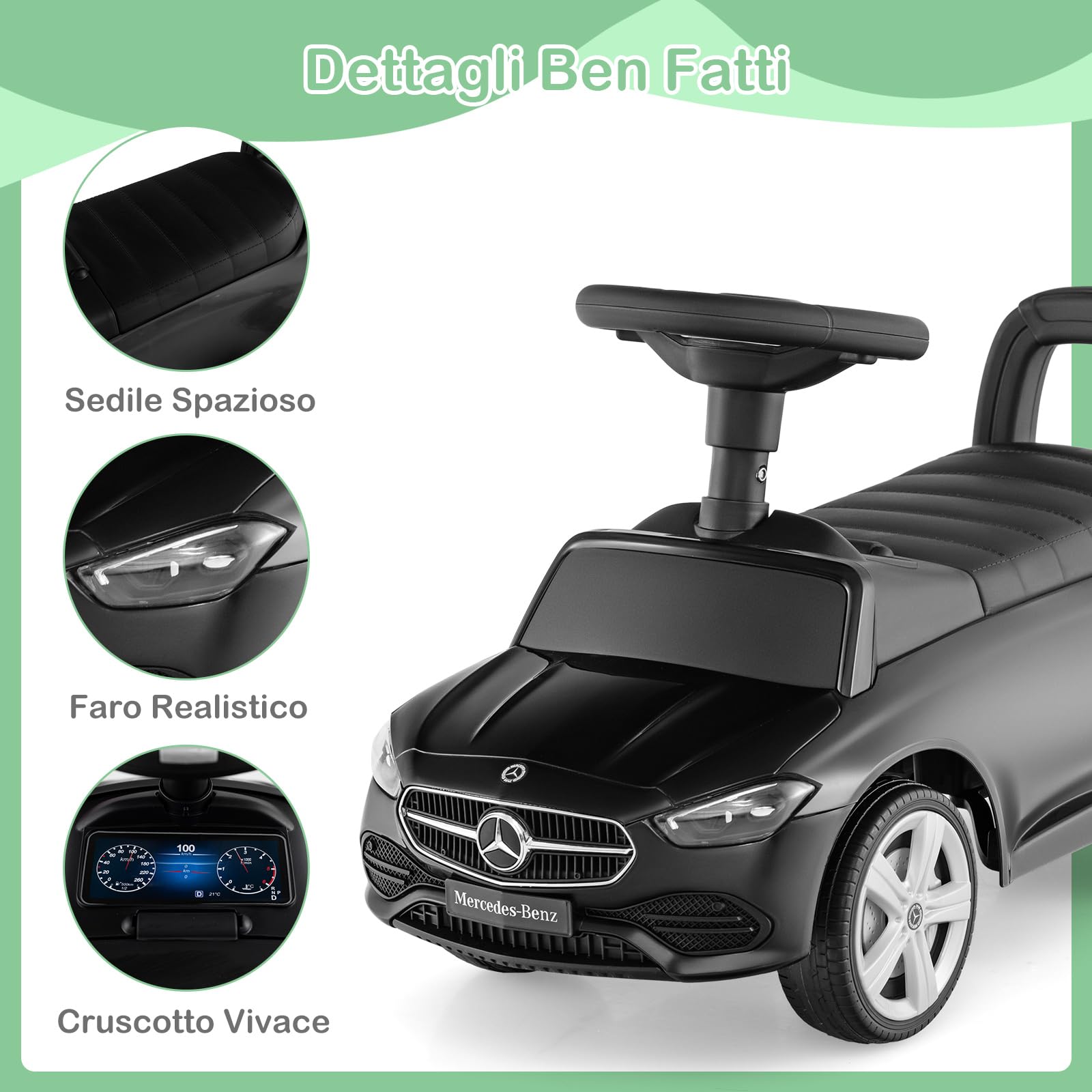 COSTWAY Mercedes Benz Macchinina Cavalcabile a Spinta per Bambini, Auto da Gioco con Volante Clacson e Suono, Spazio di Archiviazione, Auto a Spinta per bambini 1-3 Anni (Nero)
