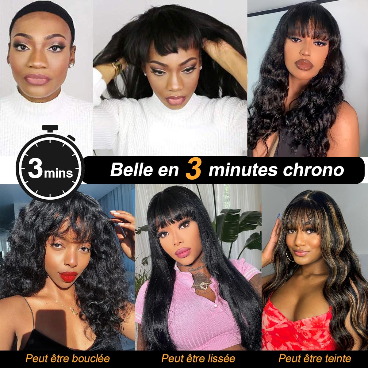 Perruque Cheveux Humain Frange 20 Pouces 2x4 Lace Glueless Body Wave Brésilien Naturelle