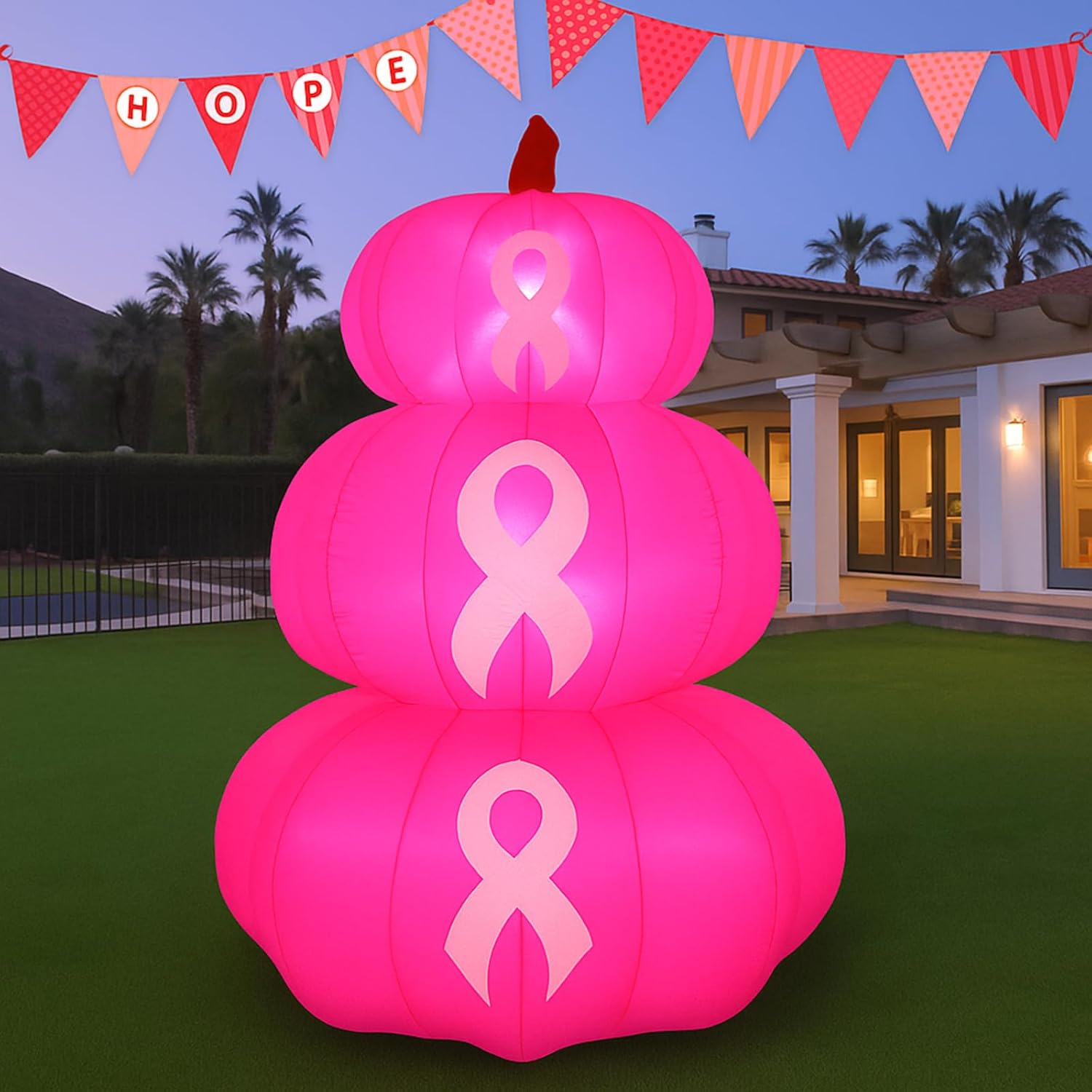 MiniInflat 6 ft Breast Cancer Awareness Inflatable Decoration with Built in LED Lights Pumpkin Pink Ribbon Blow up for Yard Lawn Garden Cancer Free Survivor Party Indoor Outdoor Decor Supplies