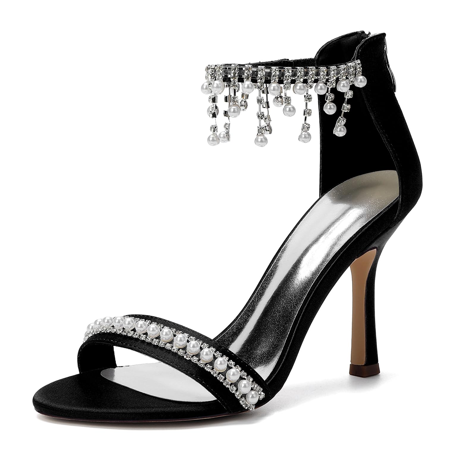 Sandalias Satén Tira de Perlas Joya para Mujer Tacones de Fiesta con Flecos Salida Noche