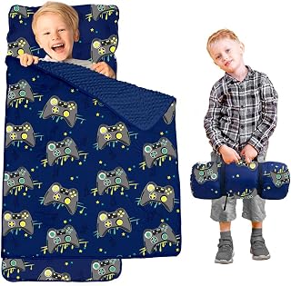 Toddler Nap Mat with Pillow and Minky Blanket, Large 55"x35" Sleeping Bag, Washable, Lightweight, Easy to Roll, Perfect for Preschool, Daycare, Kindergarten, Travel, Boys and Girls(Gamepad)