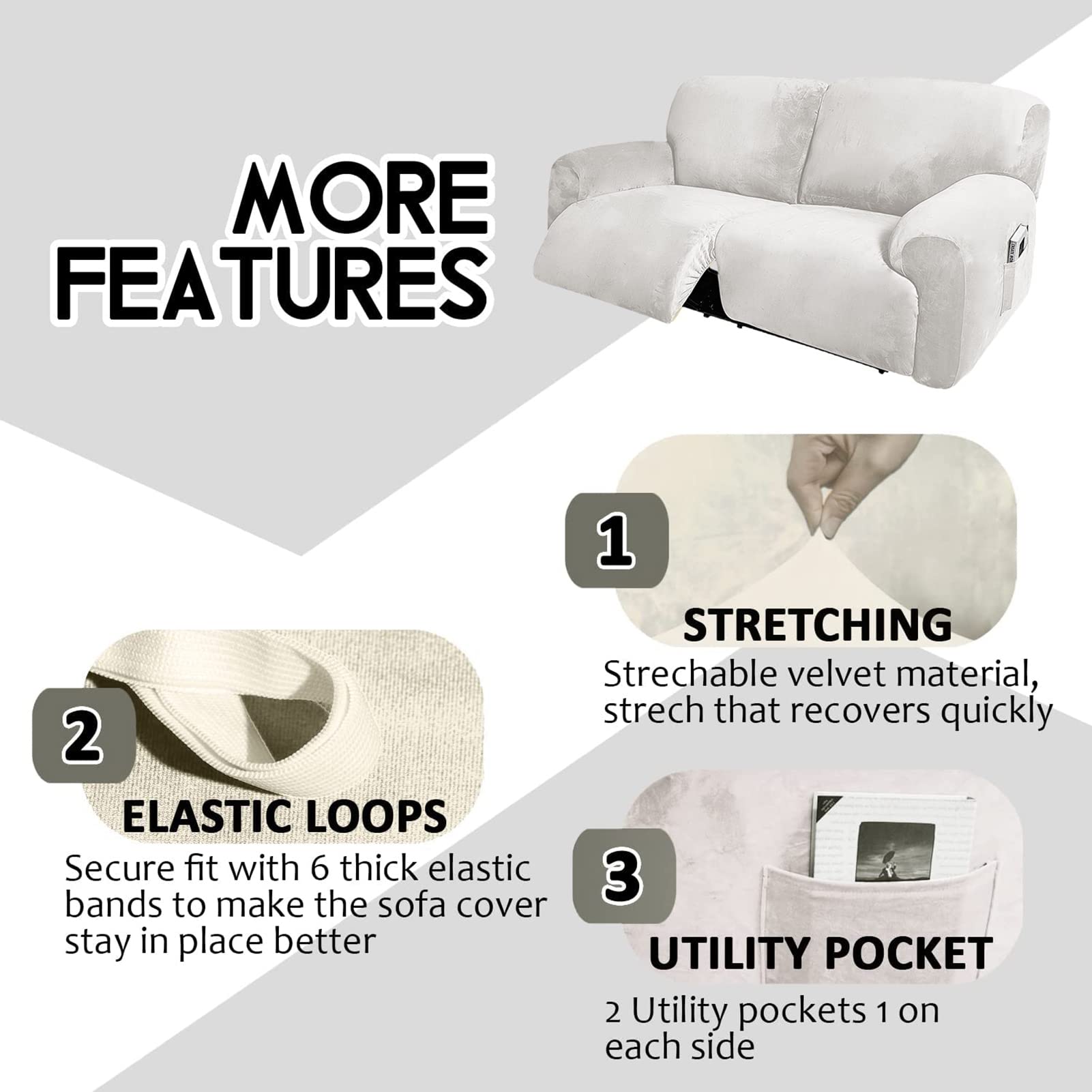 Fundas for sillas reclinables, Funda for sofá reclinable de 2 plazas Extra Ancha de 190-254 cm, 6 Piezas Fundas for sillas reclinables de Terciopelo elástico extraíbles(Avorio)