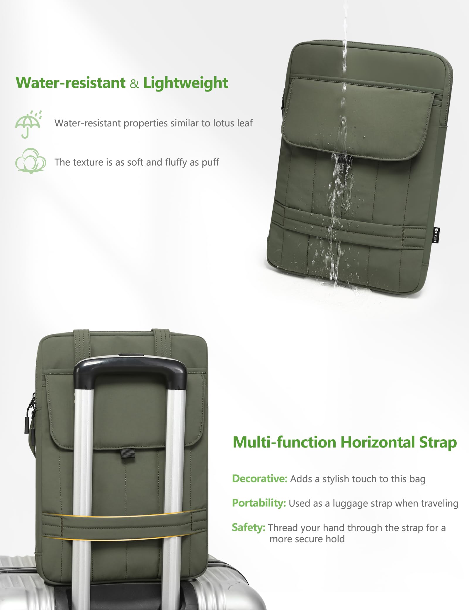 HYZUO 13,3-14 Pouces Housse Rembourrée Ordinateur Portable pour 13"-14" MacBook Pro/Air, 13" 13,3" Dell/HP/Lenovo/ASUS, Sacs à Bandoulière Slim pour Femmes Sac de Travail Quotidien, Vert Minuit