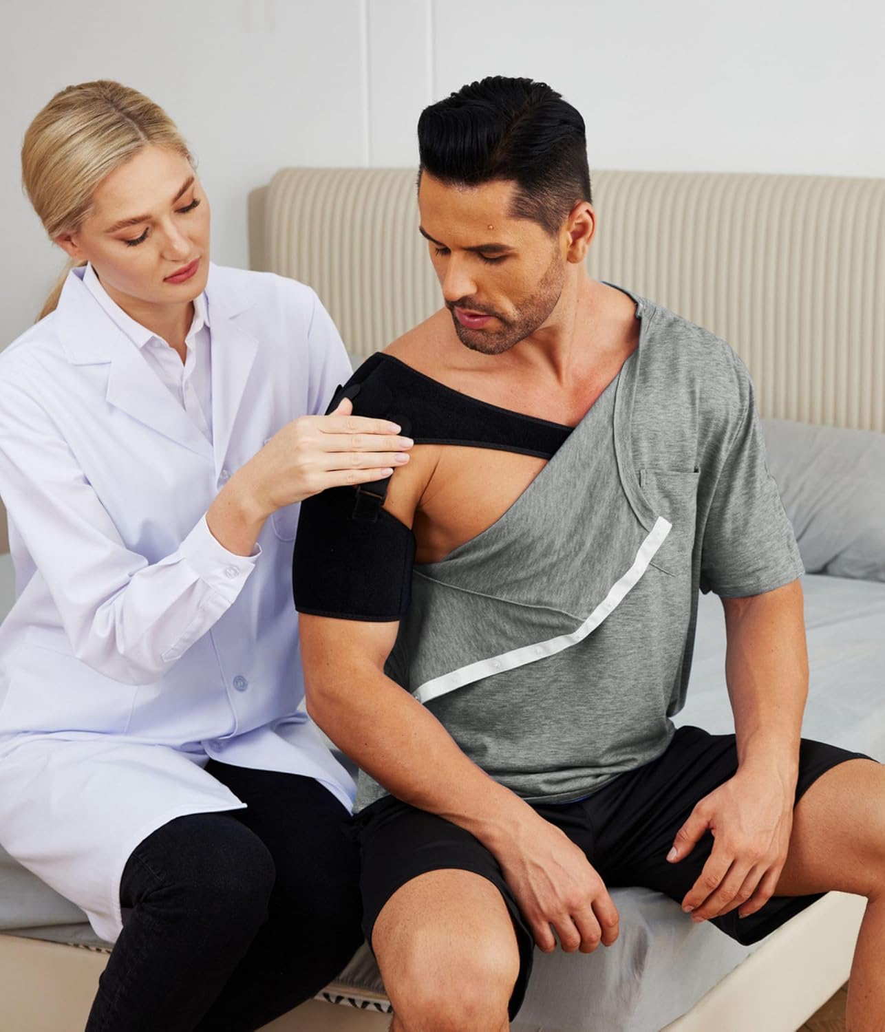 Deyeek Men's Post Shoulder Surgery Shirts Recovery Tear Away Short Sleeve Full Open Side Snap Adaptive Chemo Clothing - Image 2