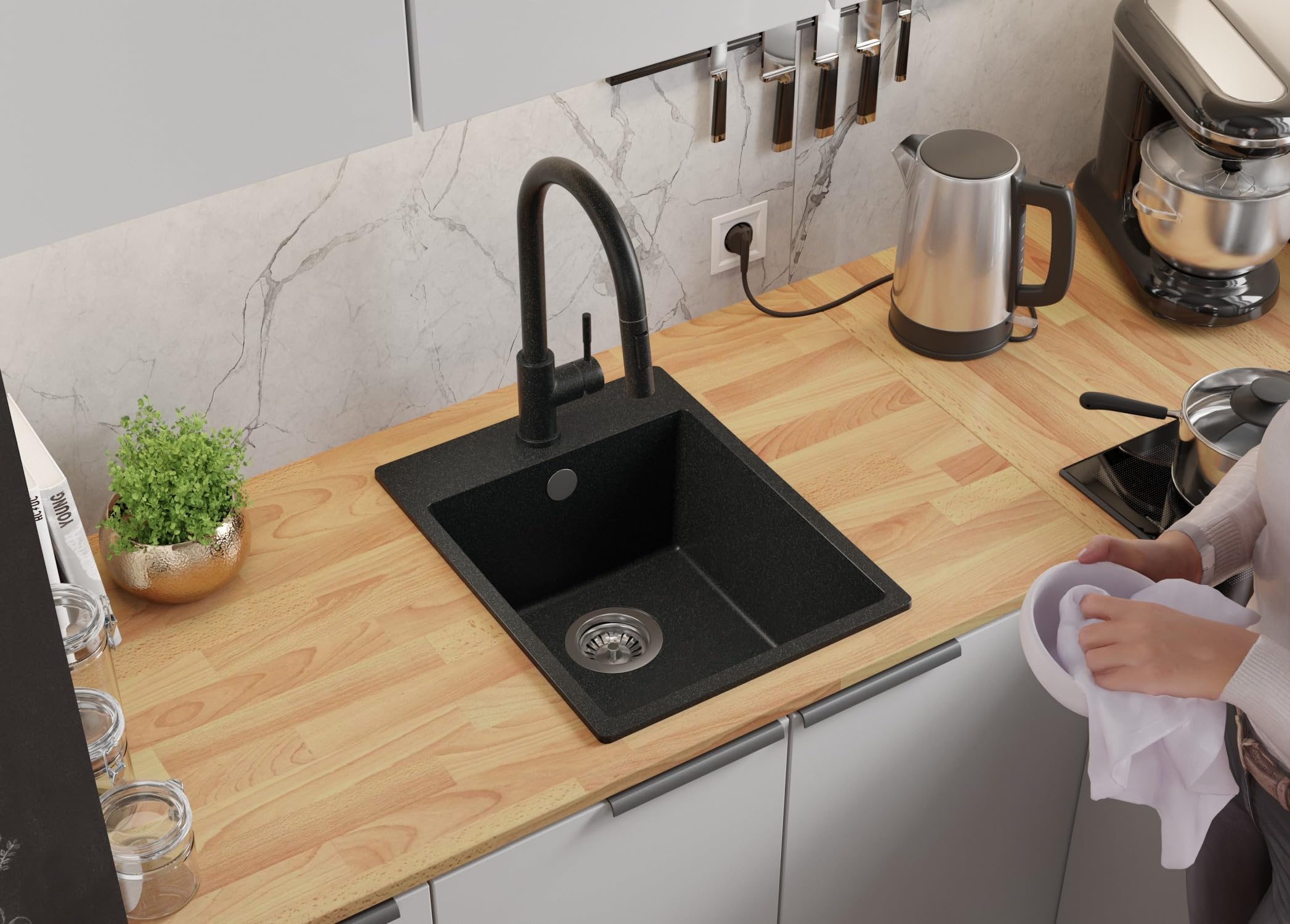 PRIMAGRAN Fregadero Cocina Grafito - Riga, 38x50cm | Granito 1 Seno + Sifón, sobre Encimera al Mueble 40cm (S037)