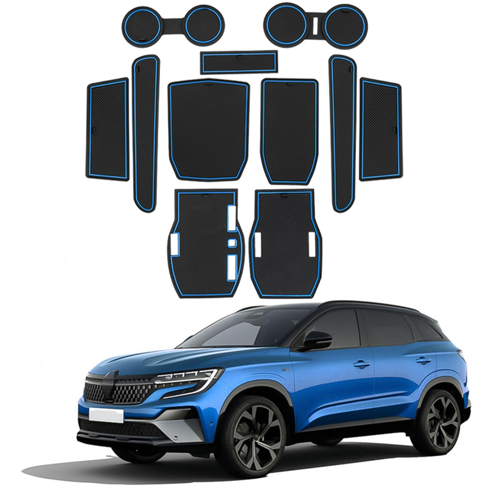 Tapis Anti-dérapants Compatible avec Renault Austral E-Tech Hybrid 2022-2024, Renault Austral Tapis en Caoutchouc pour Accoudoir, Console Centrale, Porte-Gobelet, Rainure de Porte (Bleu)