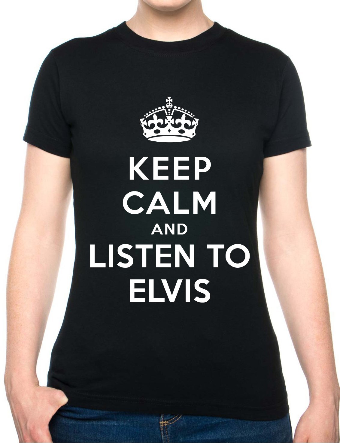 Print4u Women's Black Keep Calm Listen To Elvis Music Gift T-Shirt Unisex Fit Xxl