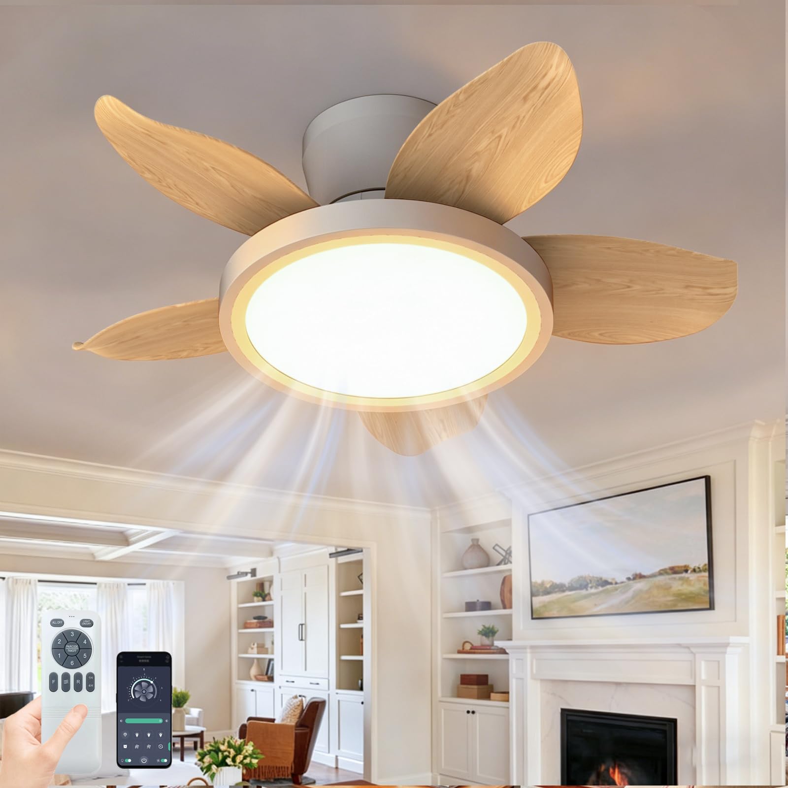 ZOMLBOF Bedroom Quiet Ceiling Fan with Light, 65 CM,5 Blades, 6-Speed Reversible Fan Light with Timer, App Remote,Dimmable LED Light Fan with Memory Function,for Lounges and Living Rooms Log