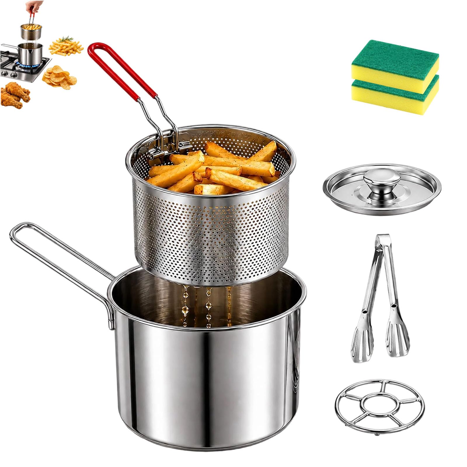 Set Mini Friggitrice Personale – Pentola in Acciaio Inox Con Cestello Scolapiatti Estraibile E Pinze Per Alimenti, Pentola Con Filtro Per L'olio E Cestello Per Friggere (5Pcs)