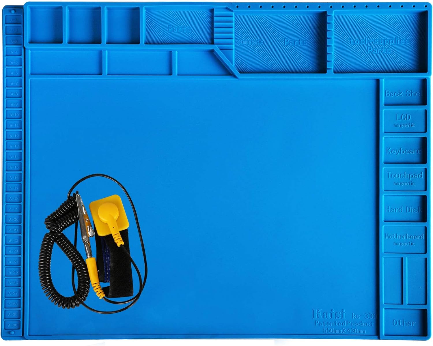 Kaisi 21.6 x 16.9 Inch Large Electronics Repair Mat Silicone Soldering Magnetic Repair Pad Insulation Work Station with Anti Static Wrist Strap for Computer, Laptop, MacBook, Tablet, Phone and More