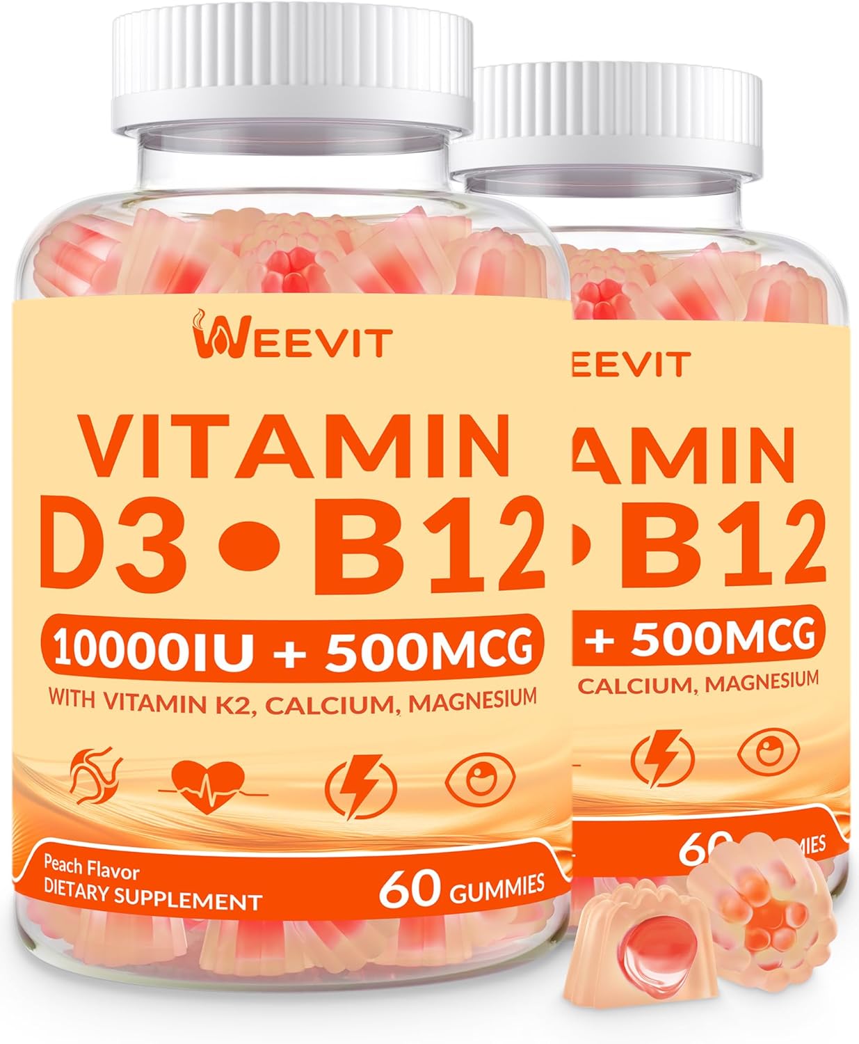 WEEVIT Vitamin D3 B12 Gummies, Vitamin D 10000IU & 500mcg Methyl B12 with Vitamin A, C, K, Calcium, Magnesium, Zinc for Women & Men, Support Eye, Bone, Energy