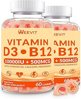 Vitamin D3 B12 Gummies, Vitamin D 10000IU & 500mcg Methyl B12 with Vitamin A, C, K, Calcium, Magnesium, Zinc for Women & Men, Support Eye, Bone, Energy