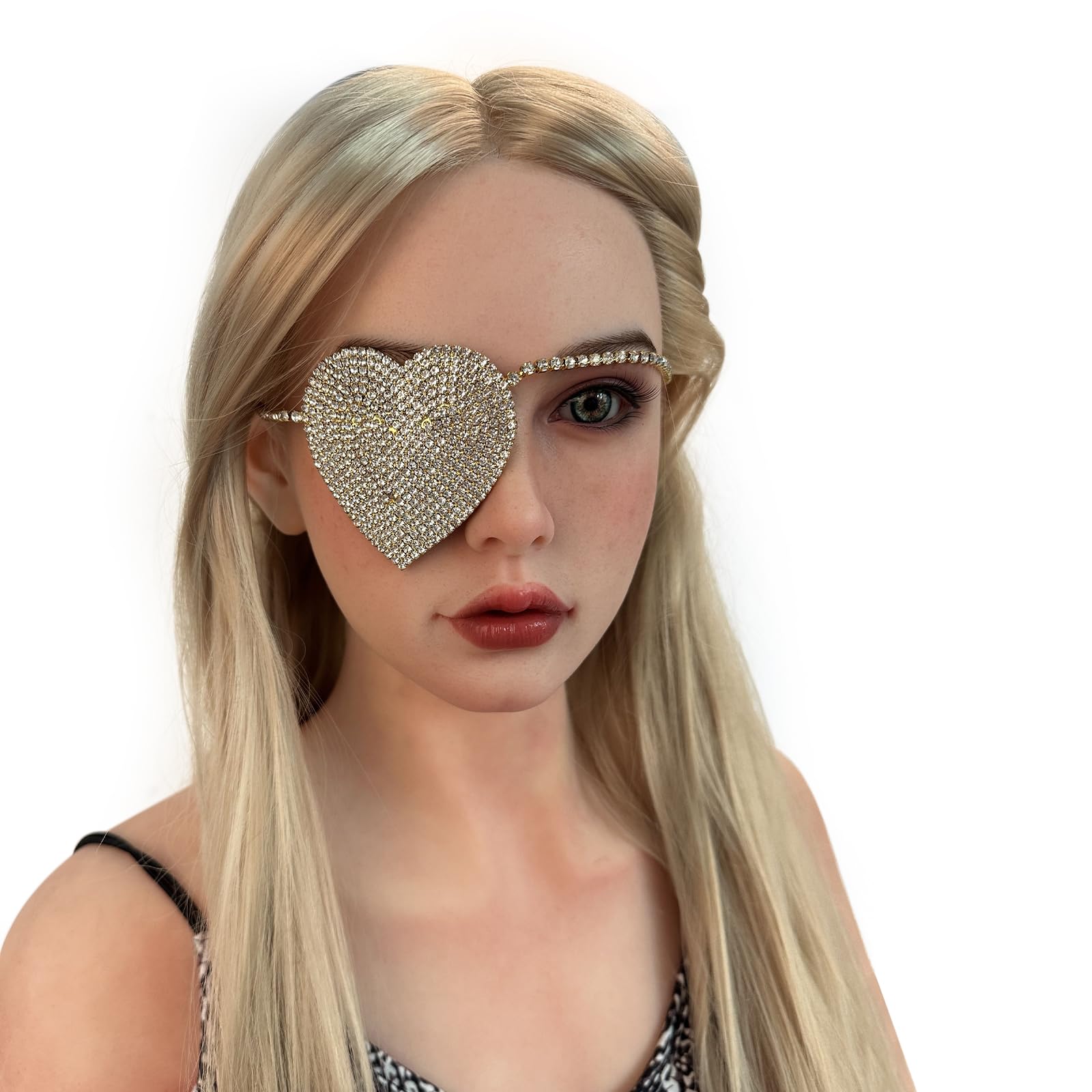 Moonlove Rhinestone Heart Eye Patch Punk Rock Style Gothic Single Eye Mask Sparkly Heart Shape Eyepatch Costume Accessory for Halloween Cosplay Evening Party Fancy Dress Prop