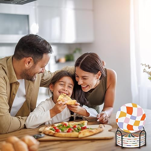 Miniatura 2 de Juego de 6 posavasos para bebidas, retro, ondulados, absorbentes, redondos, de cerámica, con base de corcho y soporte de metal, decoración de bar