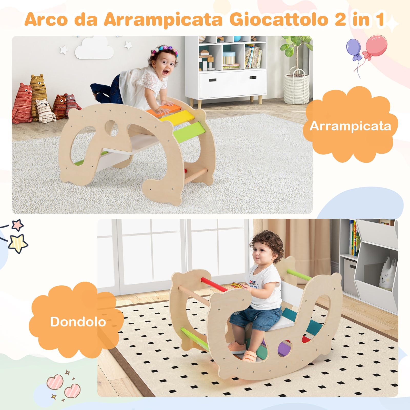 COSTWAY 2 in 1 Arco da Arrampicata per Bambini, Arrampicata ad Arco con Dondolo Schienale e Sedile, Cavallo a Dondolo in Legno per Bambini 1 Anni +