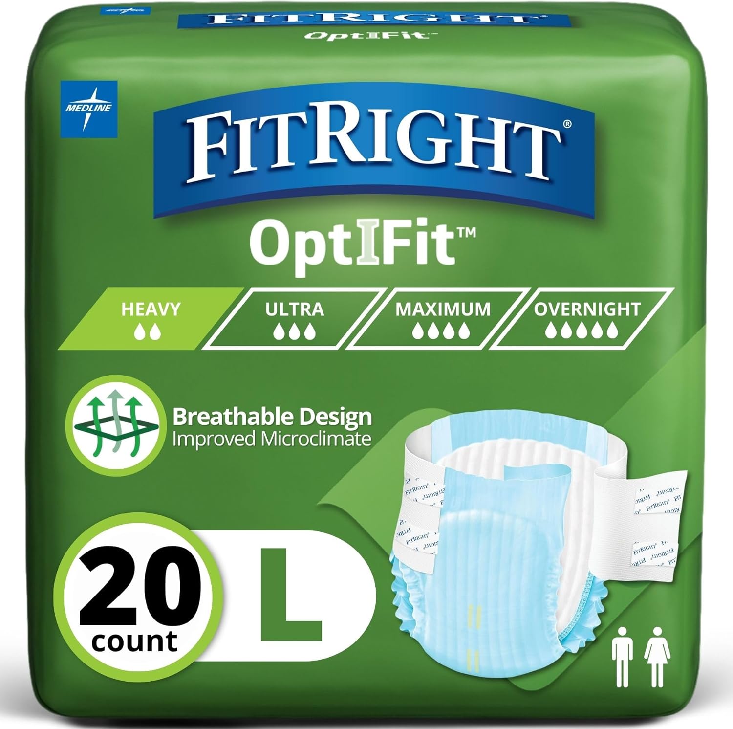 FitRight Adult Diapers, Extra Heavy Absorbency, L (Waist Size 44in-56in), 20 Count, OptiFit Incontinence Briefs for Men and Women, Disposable, Moisture Wicking, Leak Protection, 20 Count Large