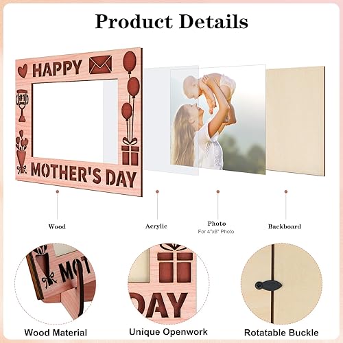 Miniatura 5 de PETCEE Marco de fotos para el día de la madre feliz para mamá, marco de fotos de madera por primera vez, lindo regalo para el primer día de la madre