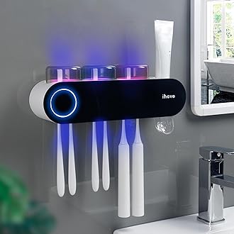 iHave Wall Mounted Electric Toothbrush Holders with 3 Cups, UV Sanitizer, Toothpaste Dispenser, Smart Home Bathroom Accessories & Decor, Black