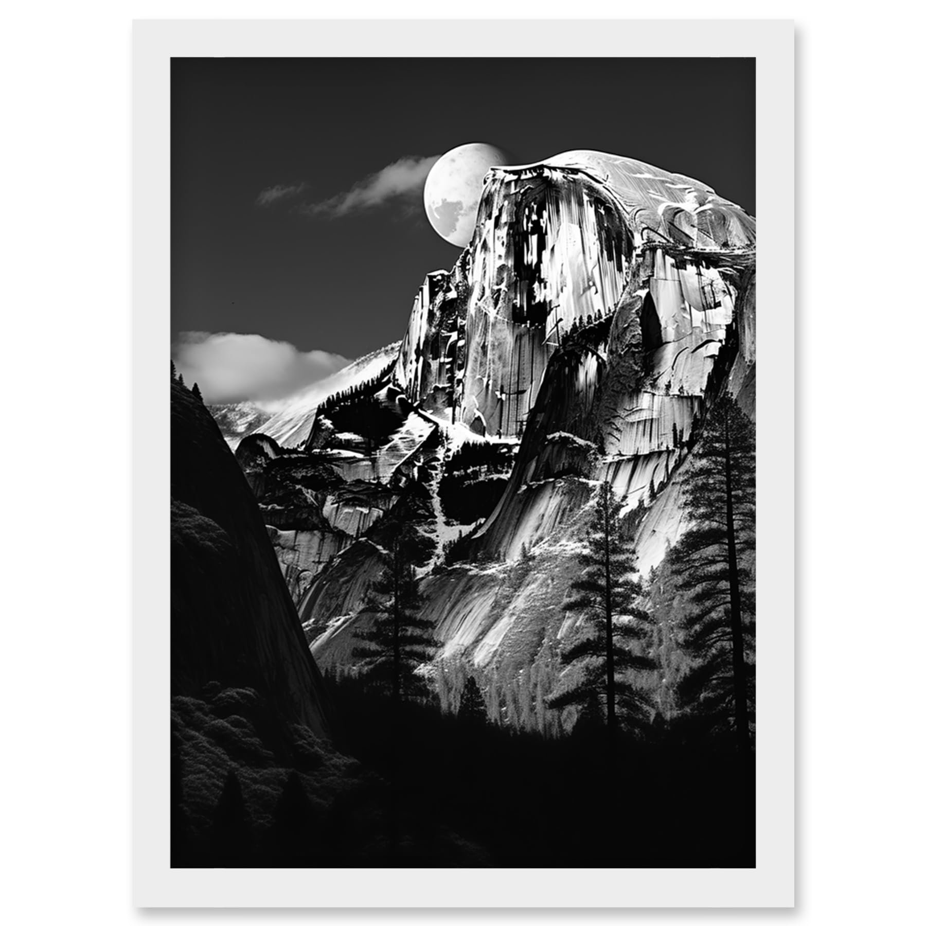 Moonrise Behind Half Dome Black White Yosemite National Park Framed Art Print A4