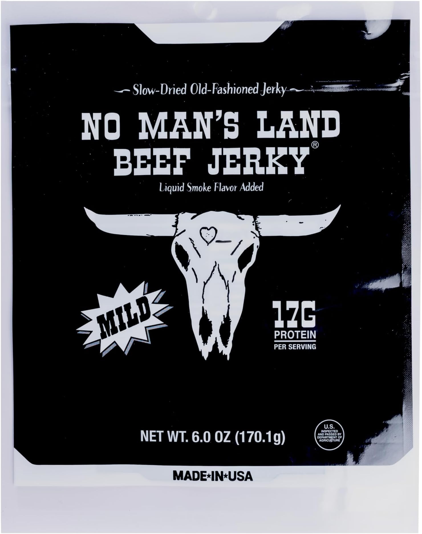 No Mans Land High Protein Beef Jerky | 17G Protein, Low Carb, Low Calorie Beef Snack | Slow-Dried, Smoked & Seasoned Jerky Strips | MILD 6oz Bag
