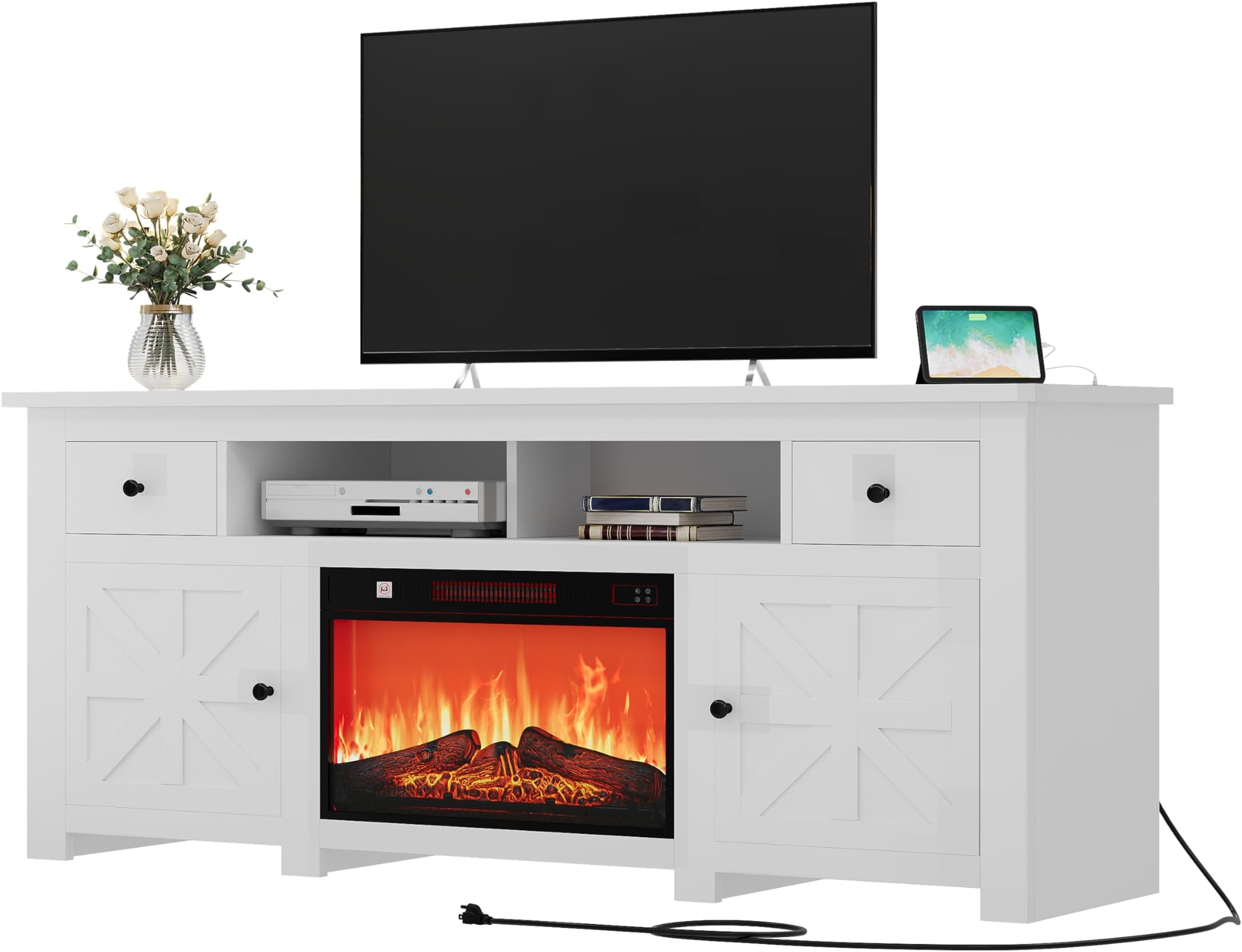 YITAHOME Fireplace TV Stand for TVs up to 80 Inches, Entertainment Center with Fireplace, Farmhouse TV Stands for Living Room, TV Console with Storage Drawers & Cabinets (White 70 Inch)