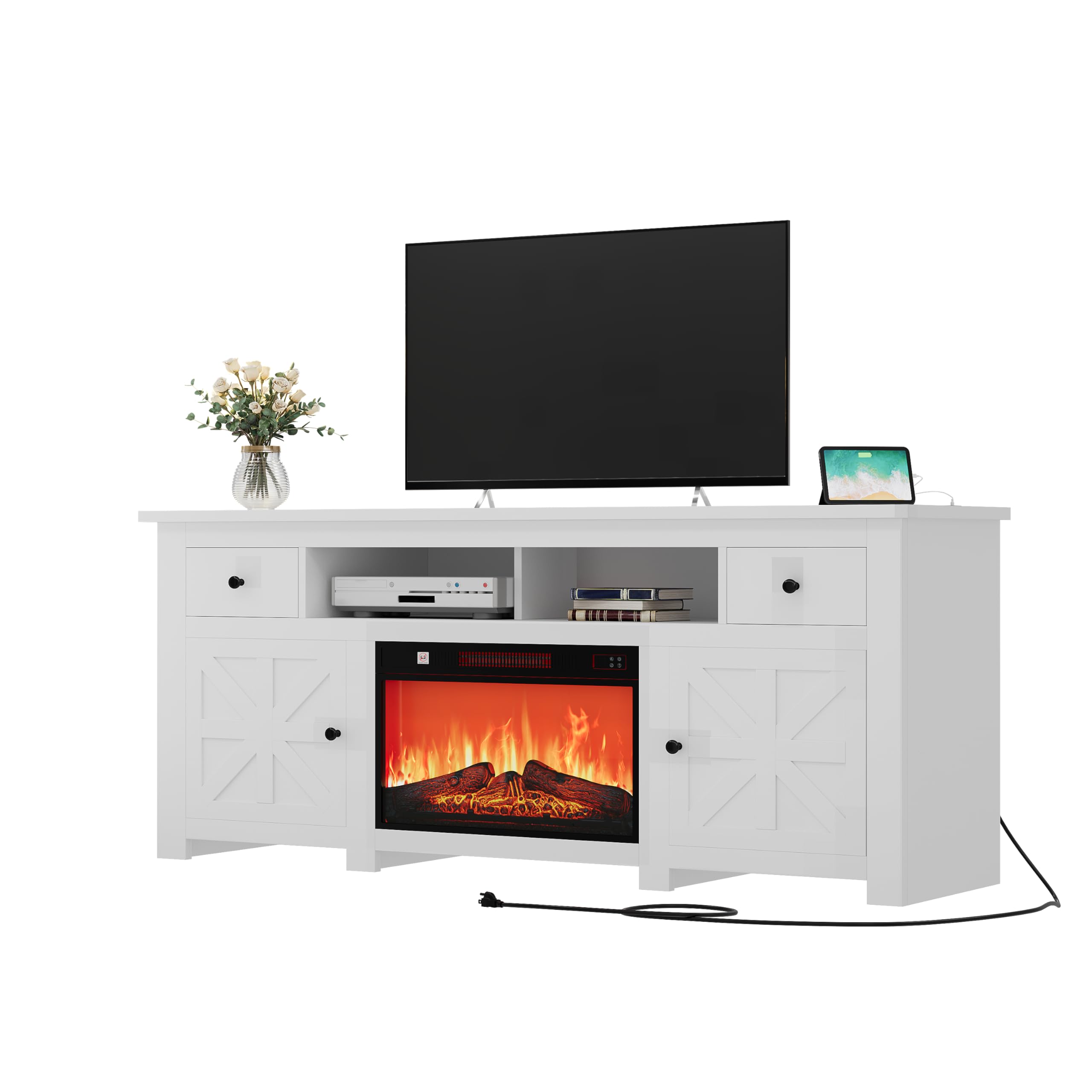 YITAHOME Fireplace TV Stand for TVs up to 80 Inches, Entertainment Center with Fireplace, Farmhouse TV Stands for Living Room, TV Console with Storage Drawers & Cabinets (White 70 Inch)