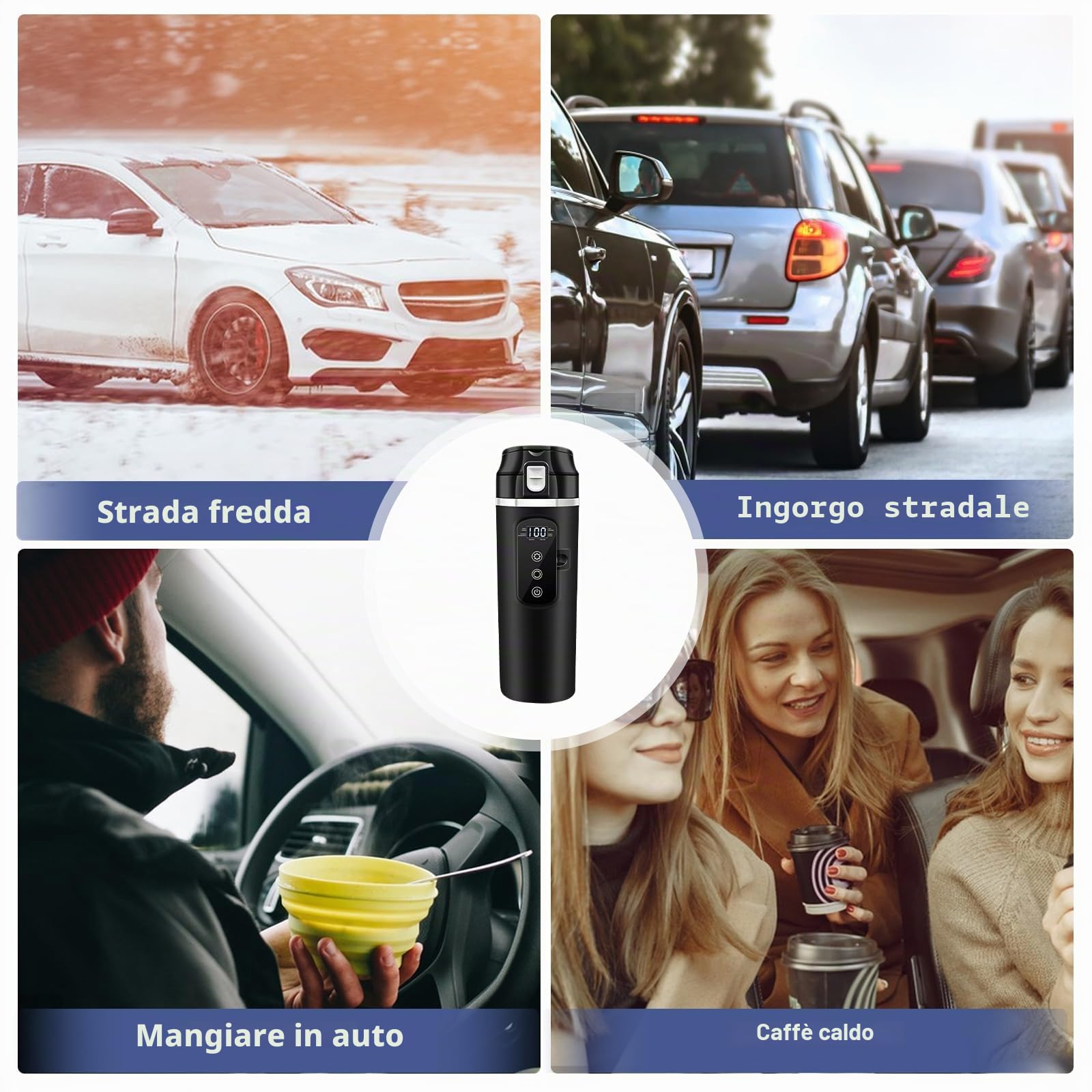 Bollitore elettrico da viaggio 12 V – 24 V per auto e camion, 500 ml in acciaio inox con accendisigari da 12 V per acqua calda e caffè