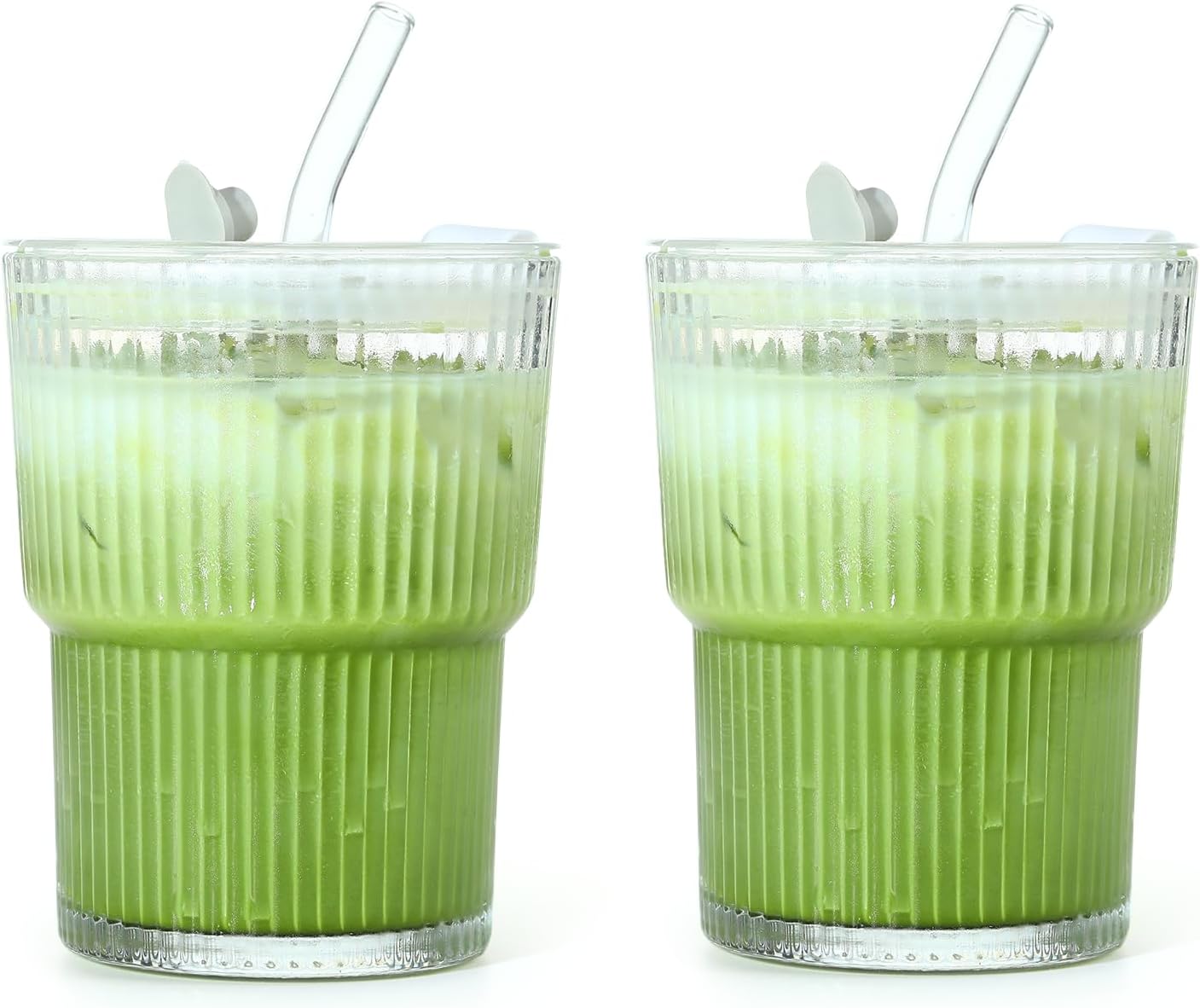 Matcha Cup 13oz Glass with Lid & Straw, Thick-Wall Insulated Iced Latte Tumbler, Leakproof Travel Mug, Dishwasher Safe, 400ml Reusable Glass(2pcs)